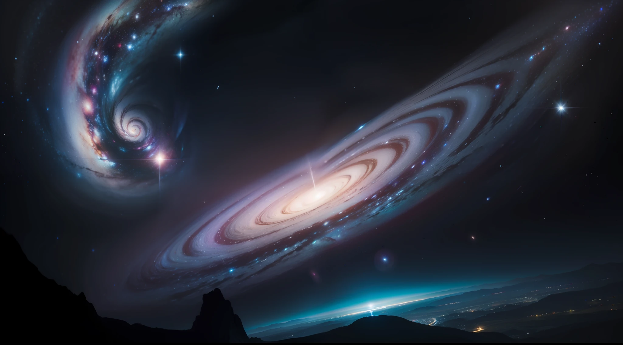 Alafed art work of spiral galaxy with bright white disk、Beautiful background of the Andromeda Galaxy、Huge galaxy、Mysterious landscapes of space、The beauty of the galaxy shining in the starry sky。