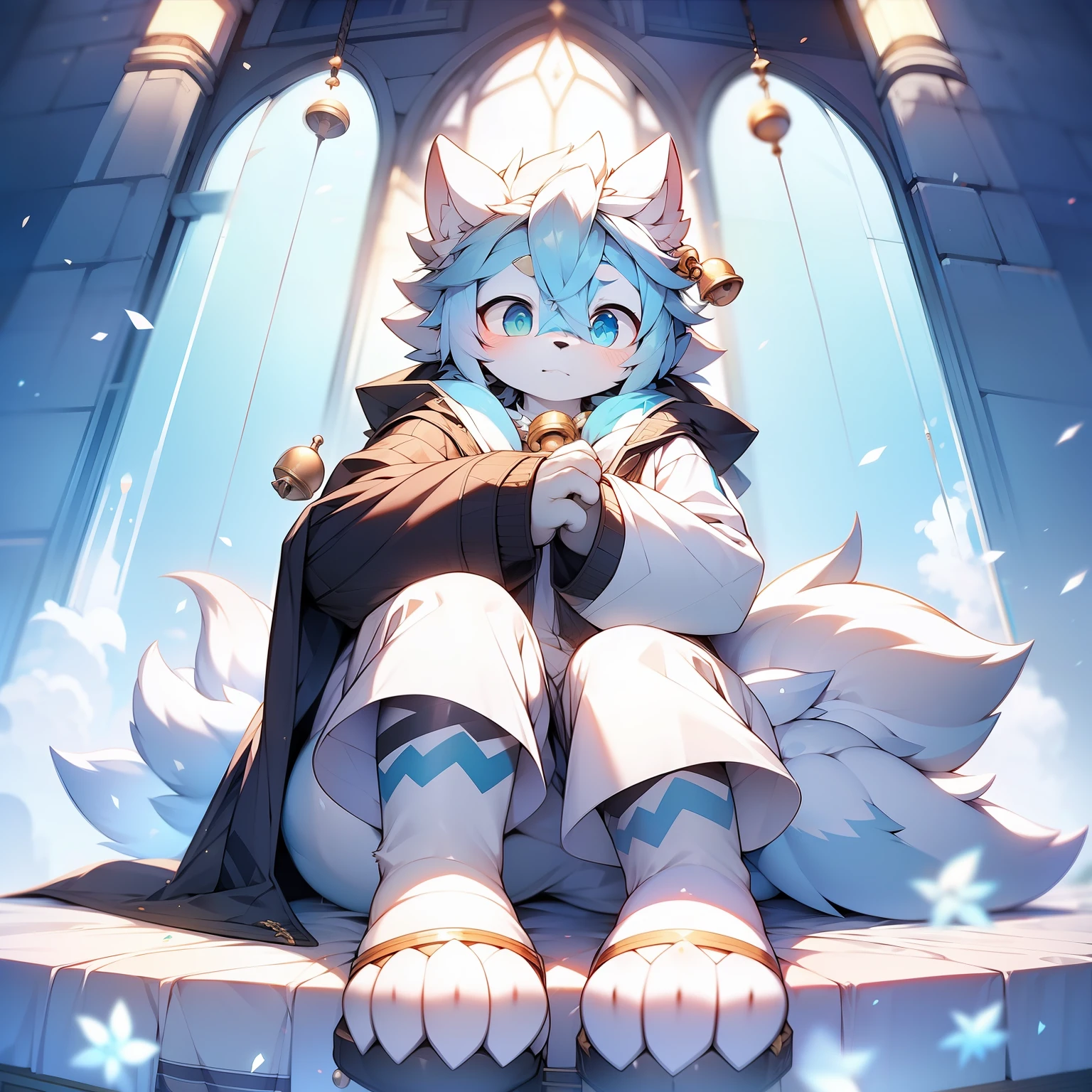 One is a sky blue body,Pale green pupils,Specially patterned hair on the knees and chest,There are pink meat pads,The forehead has a pentagonal white pattern,The ears have one or two diamond-shaped white patterns,The upper part of the ear hair is yellow,The hair is sky blue, The hair on the lower part is white,Wolf with bells。Wear a bathrobe