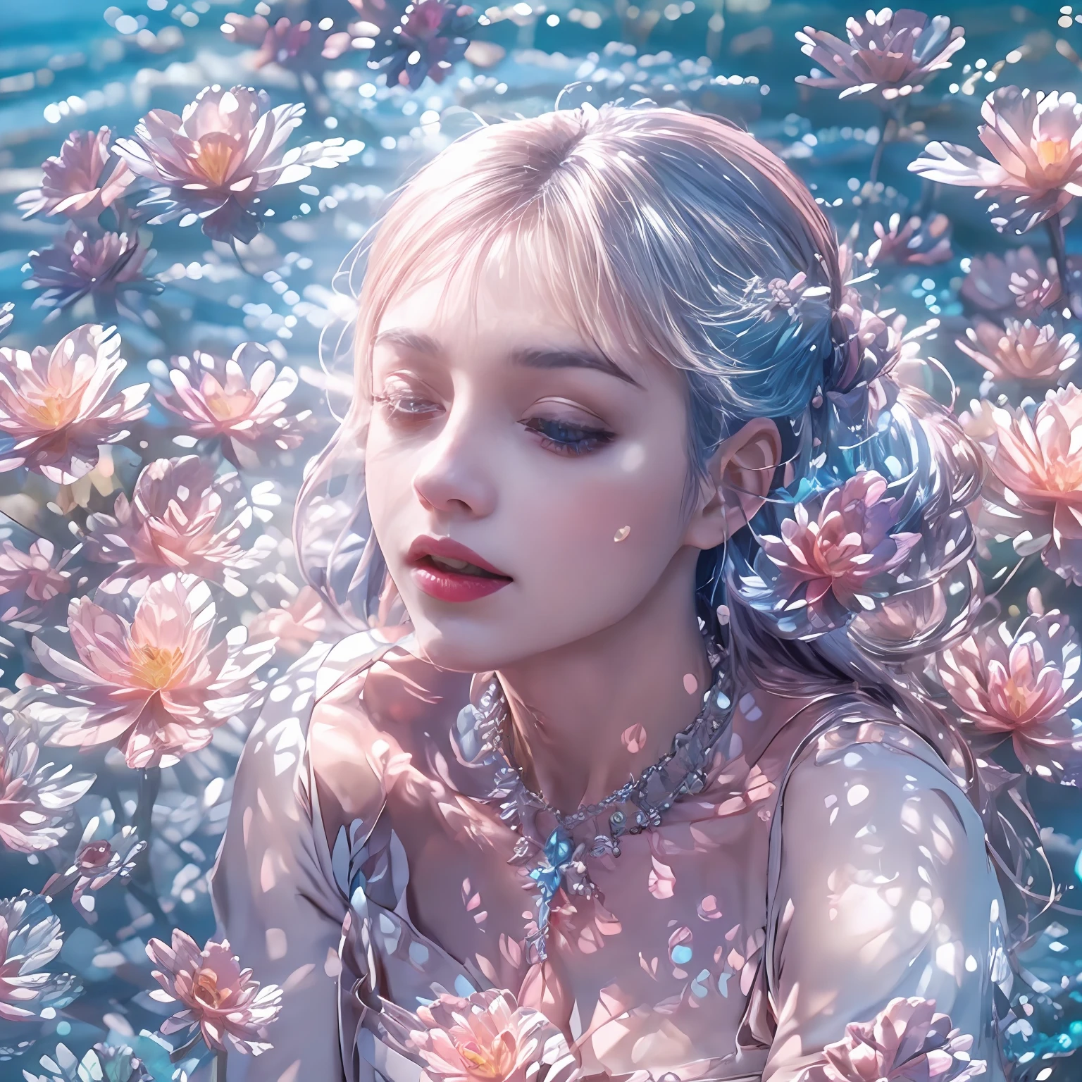 a beautiful girl is closing one eye,sitting on the beach ,Crystal spring flower, Pink white gradient, water drop, Fantastical, galaxies, Transparent, Light blue leaves, brilliance, aqua, colorful, Magical photography of light blue leaves, dramatic illumination, Photo realism, Ultra detailed, depthoffield, high resolusion, parted bangs, silver hair, Sparkle, god rays, projected inset, from above, 4k, anatomically correct, UHD