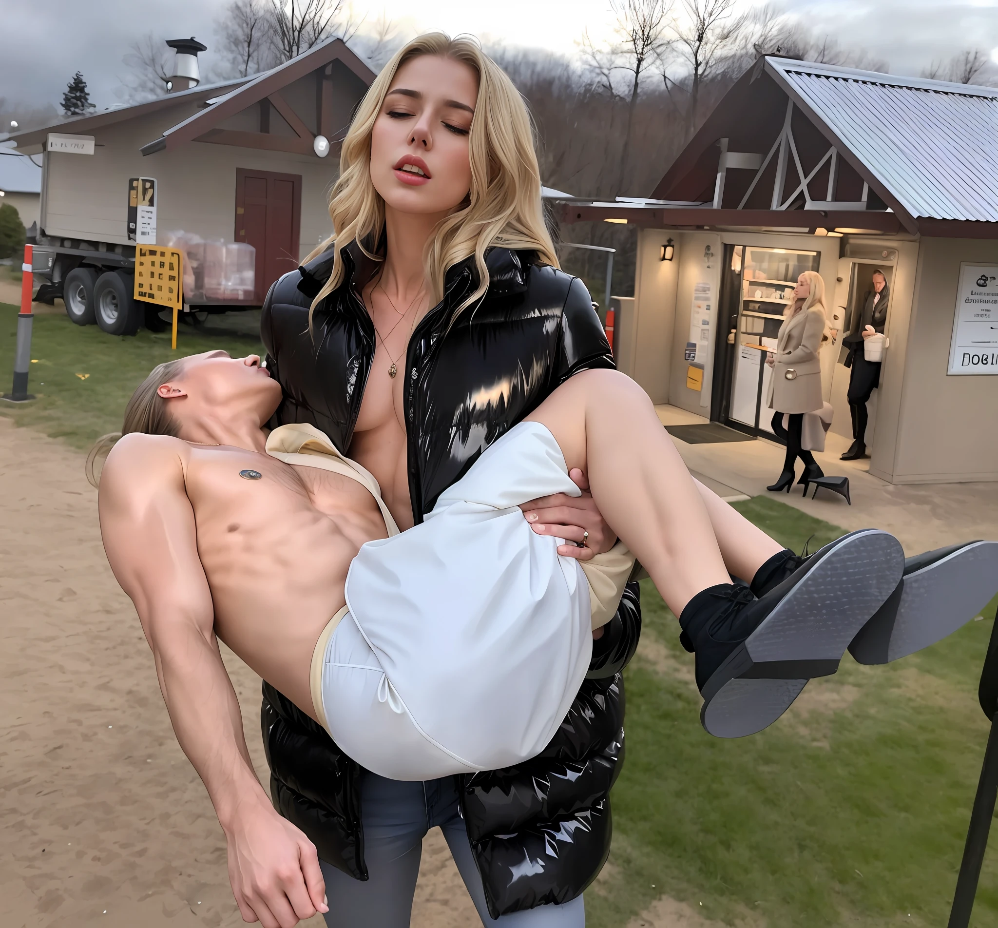 a beautiful blond woman, a young blond woman, a blond woman in a shiny coat, a sad blond woman, a madeup blonde woman, blond woman with lipstick, blond woman with smoky eyes, dramatic action pose, woman that is carrying a skinny man, there is a beautiful woman in a shiny coat who is carrying a blond man in her arms, a longhaired beautiful woman in a high-shine black puffy coat, a longhaired woman in a shiny downcoat, a woman is carrying a shorthaired man who is wearing black shorts, a weak man in black shorts is consciousless and needs to be carried, a shorthaired man with closed eyes is carried in the arms of a longhaired woman, a woman looks very scared and terrified, a consciousless man with closed eyes is suffering very much and has a very painful face, photo, photo shoot, photographed, arafed man being carried by a woman on a plane, very realistic, very very realistic, hyper-realistic, hyper - realistic, hyper realistic, jacket over bare torso, very disturbing, very hyperrealistic, tom cruise torso, super realistic, by Anna Füssli, hyperrealistic!, extremely realistic, very very very realistic, super-realistic