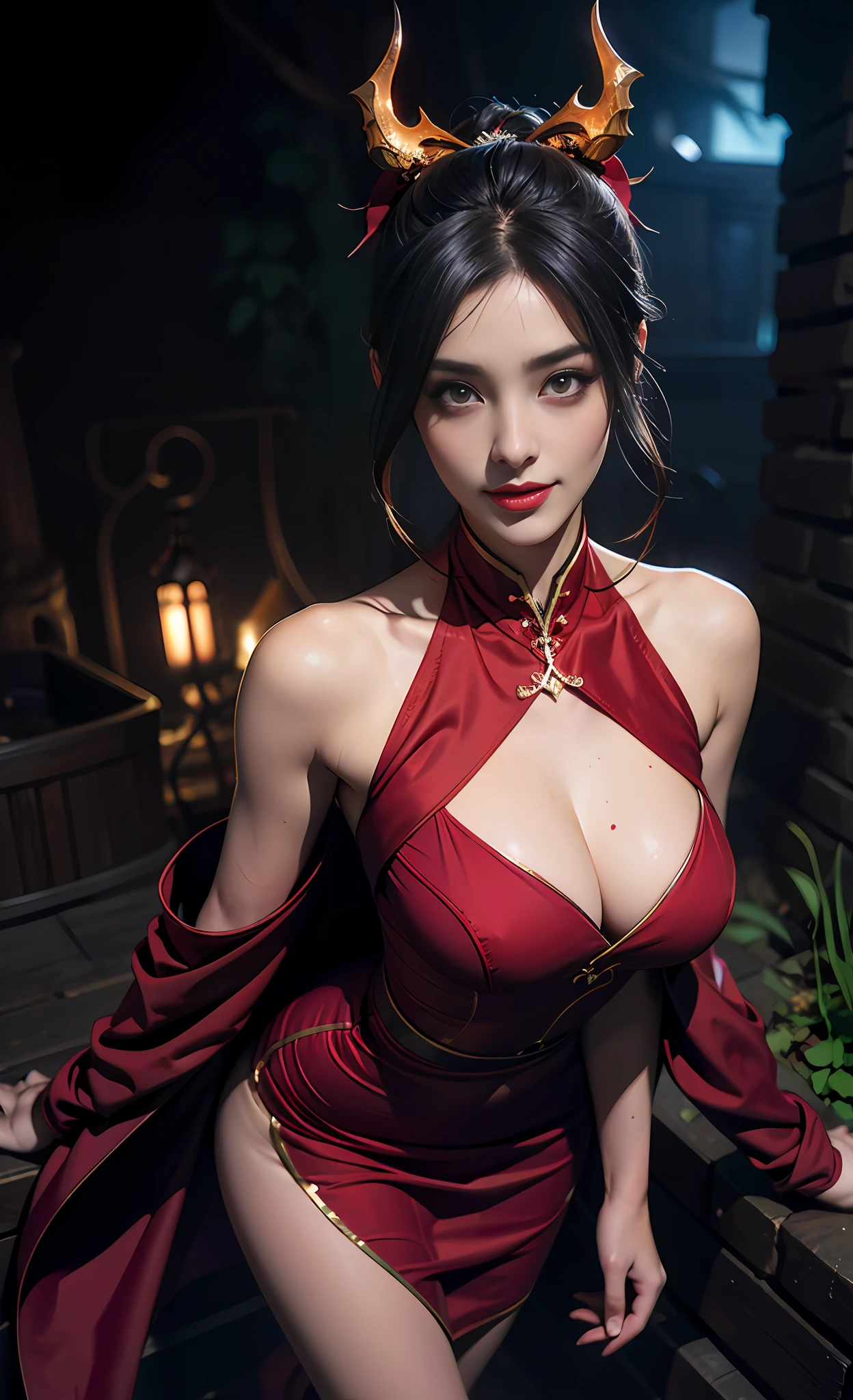 1 beautiful devil woman from hell, In the Dark: 1.6), surreal female portrait by David Hockney and Alphonse Mucha, fantasy art, korea doll, photorealism, dynamic lighting, artstation, poster, volumetric lighting, very detailed faces, 8k ultra, Awarded, in the dark, deep shadow, low key, cowboy lens, (Red phoenix dress: 1.4), long hair, black hair, bust, luxurious palace, Royal style, devil crown, red eyes make up very sharp and detailed, The most beautiful face, The breasts are very big and round and round, Super realistic, chinese women's clothing, polo neck sweater, Charming smile, The eyes are very well made up, guweiz, devil style, wearing black mesh socks, Ponytail with a bow tied at the back of the hair, Red black lips, Devil tattoo on shoulder, wearing a thin red and black robe, the landscape is overcast and thunderous, (Portrait), Close-up of the main character, (Background details 1.8),