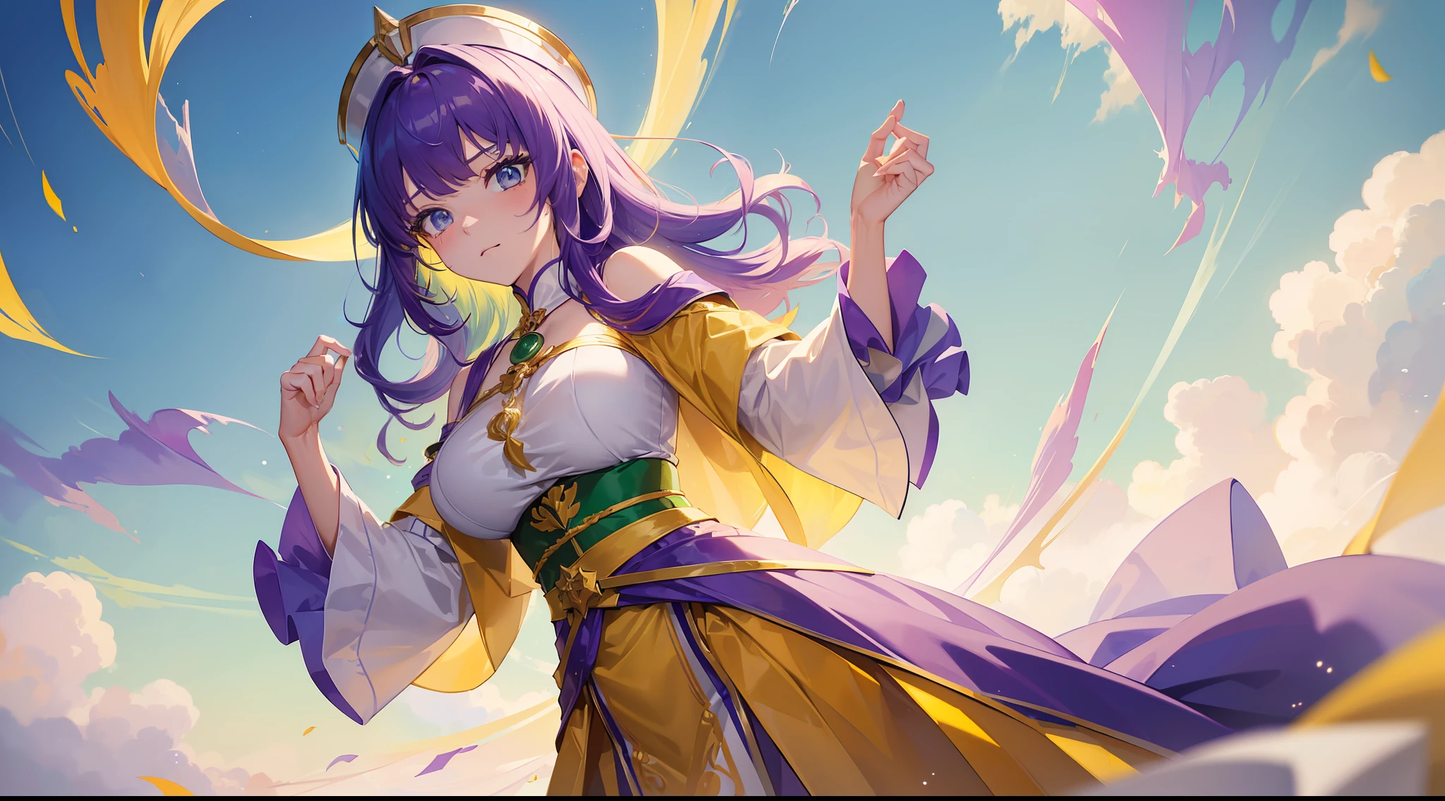 (((tmasterpiece))), Best picture quality, Ultra HD details, Extremely delicate CG unified 8K wallpaper, best illustration, An extremely delicate and beautiful girl floats in the air, Top-down view, dynamicposes, (1Blittle girl), eBlue eyes, (Colorful and new+silber hair:1.3+redheadwear:1.2+Purple hair big breasts+Yellow-haired+Green hair:1.3), White martial arts costume, There should be a neckband, beautiful countenance, Many droplets, Clouds, eventide, wide angles, Watercolor effect