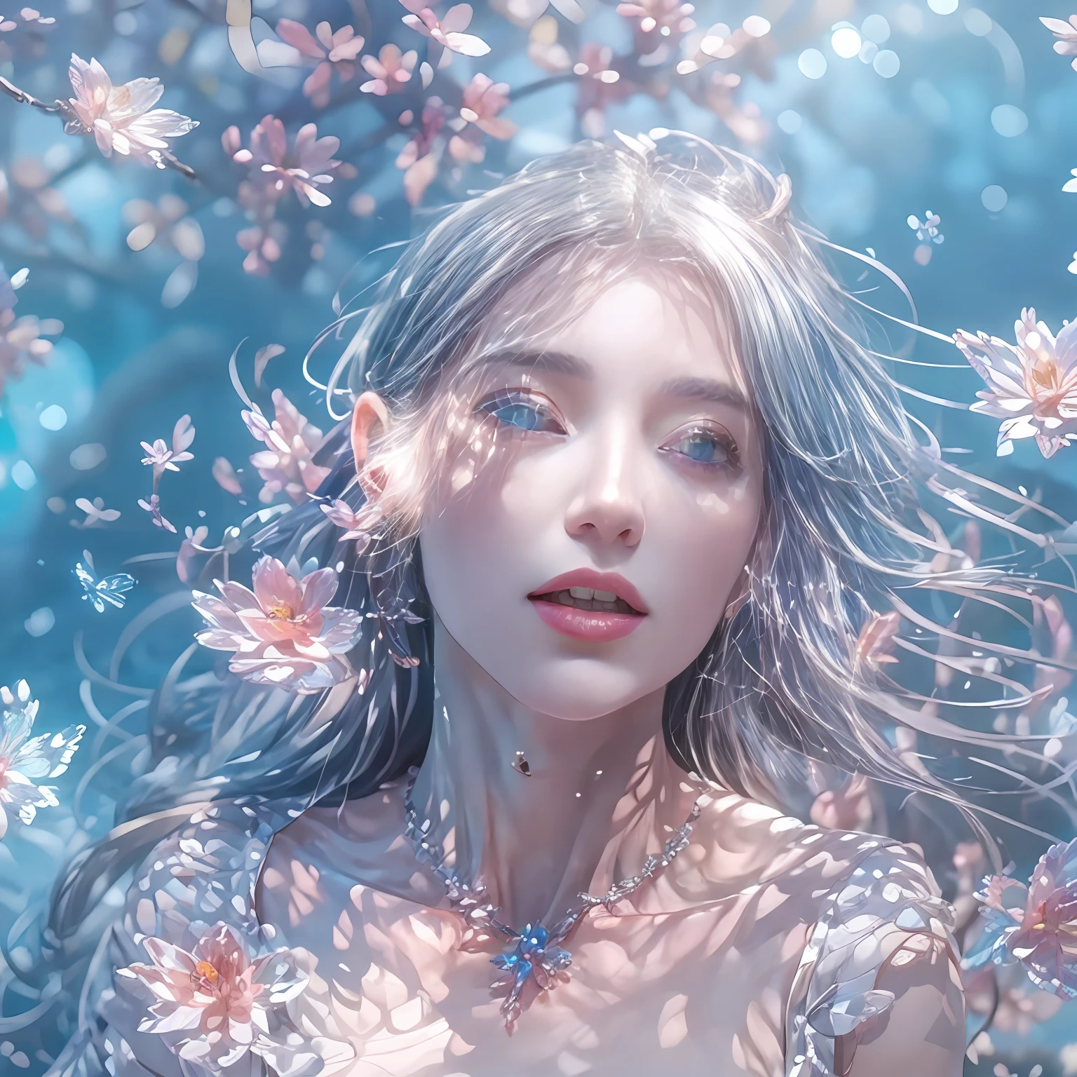 a beautiful girl is closing one eye,sitting on the beach ,Crystal spring flower, Pink white gradient, water drop, Fantastical, galaxies, Transparent, Light blue leaves, brilliance, aqua, colorful, Magical photography of light blue leaves, dramatic illumination, Photo realism, Ultra detailed, depthoffield, high resolusion, parted bangs, silver hair, Sparkle, god rays, projected inset, from above, 4k, anatomically correct, UHD