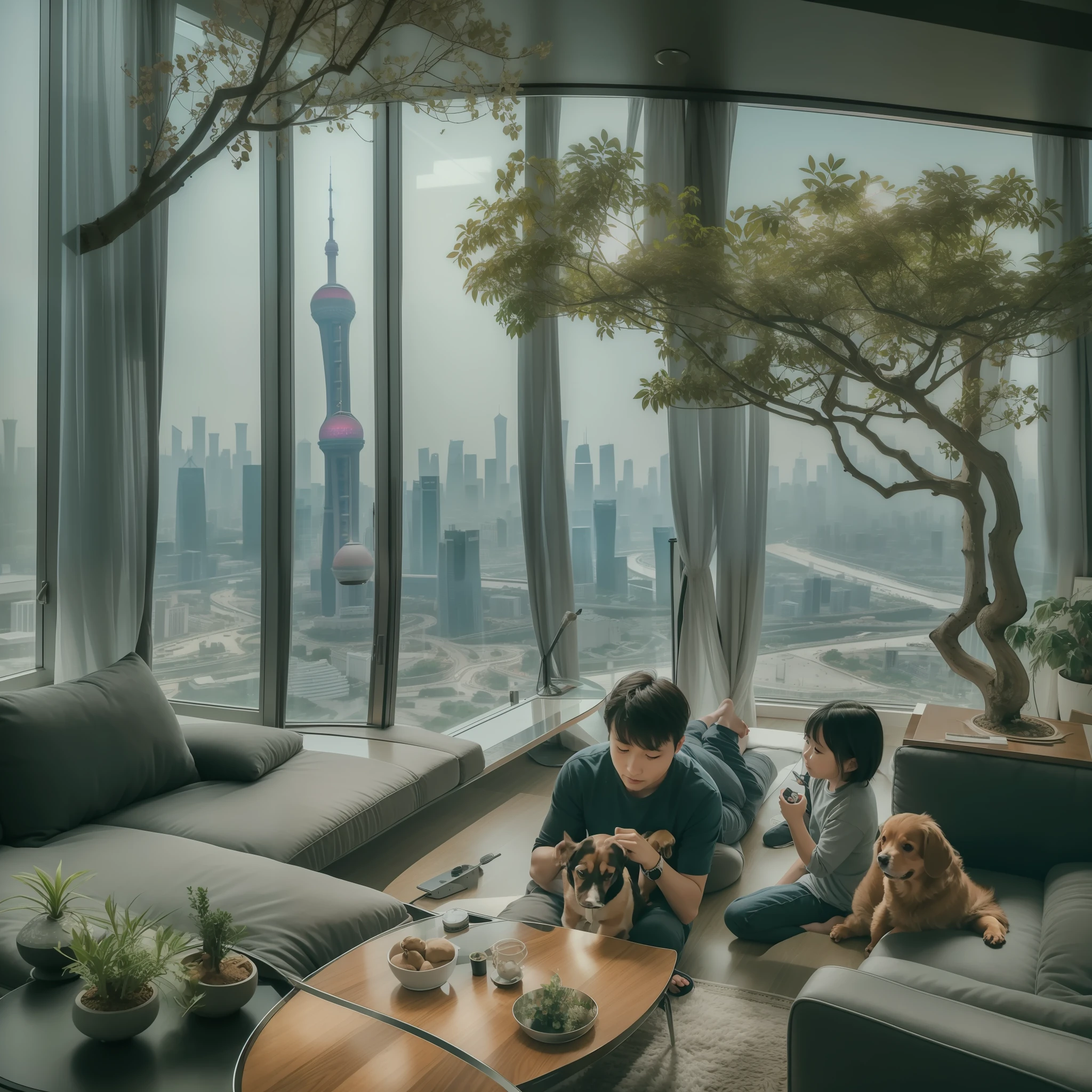 Apartment on the 108th floor of Shanghai Tower，Family of five watching TV in the living room，There are two dachshunds next to them，And bonsai，Canon shooting，See the Bund with a telescope