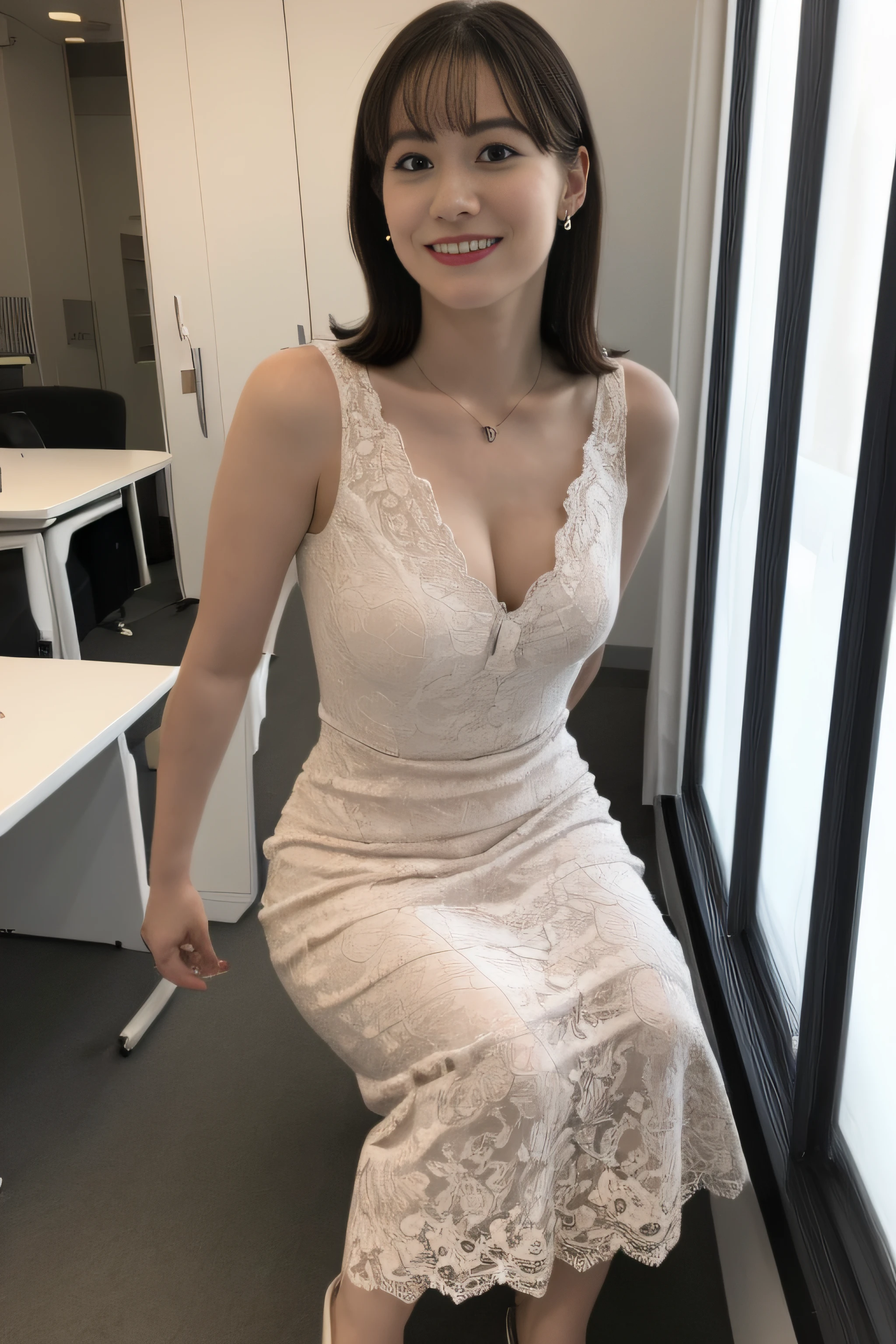 (Highly detailed 8k wallpaper), sharp focus, detailed, dramatic, delicate and beautiful young girl, (slim face, Slim Waist, Slim legs), (leaning forward:1.8), (perky uplifted breasts:1.2), cleavage, (lace embossed transparent dress), Half Butterfly Earrings, Necklace with Opal, (smile:1.05), graphics beautiful, Modern office with a view, wide windows, 3/4 body, standing by window, from above,