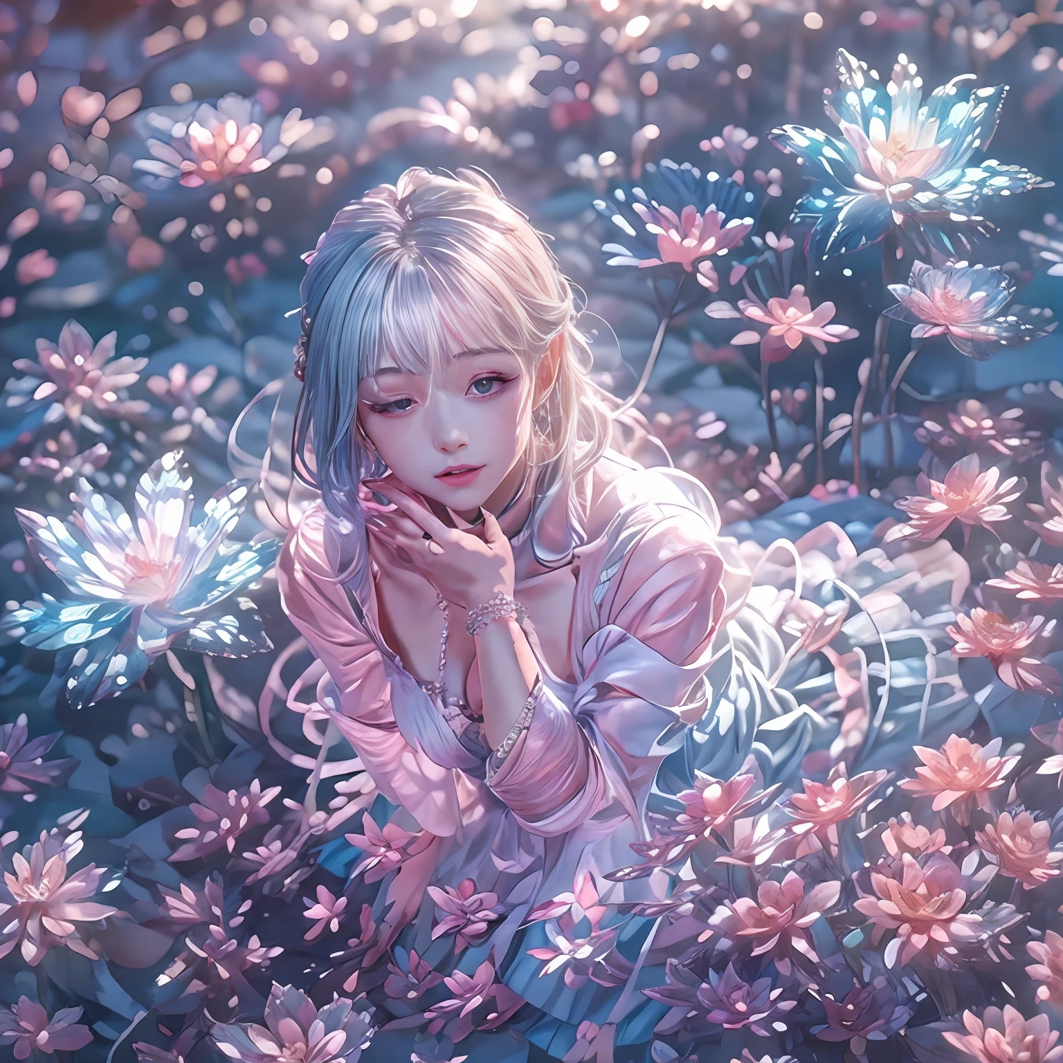 a beautiful girl is closing one eye,sitting on the beach ,Crystal spring flower, Pink white gradient, water drop, Fantastical, galaxies, Transparent, Light blue leaves, brilliance, aqua, colorful, Magical photography of light blue leaves, dramatic illumination, Photo realism, Ultra detailed, depthoffield, high resolusion, parted bangs, silver hair, Sparkle, god rays, projected inset, from above, 4k, anatomically correct, UHD