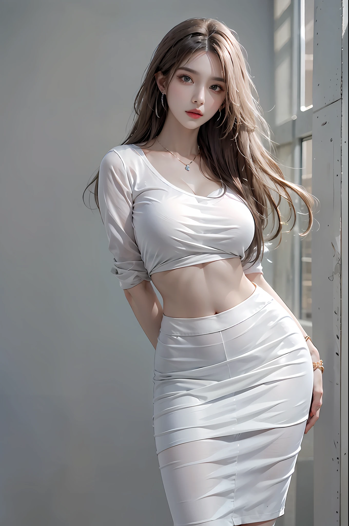 photorealistic, high resolution, 1 woman, solo, hips up, beautiful eyes, long hair, huge breast, bracelets,elegant necklace, elegant diamond earrings, white shirt, black skirt, black stockings