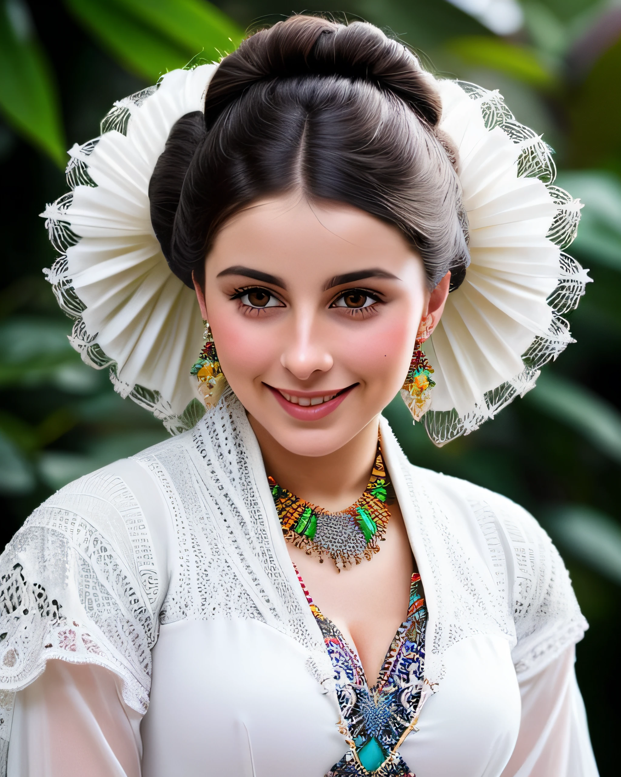 "Exquisite long sleeve kebaya paired with an intricate beaded ornamental necklace."