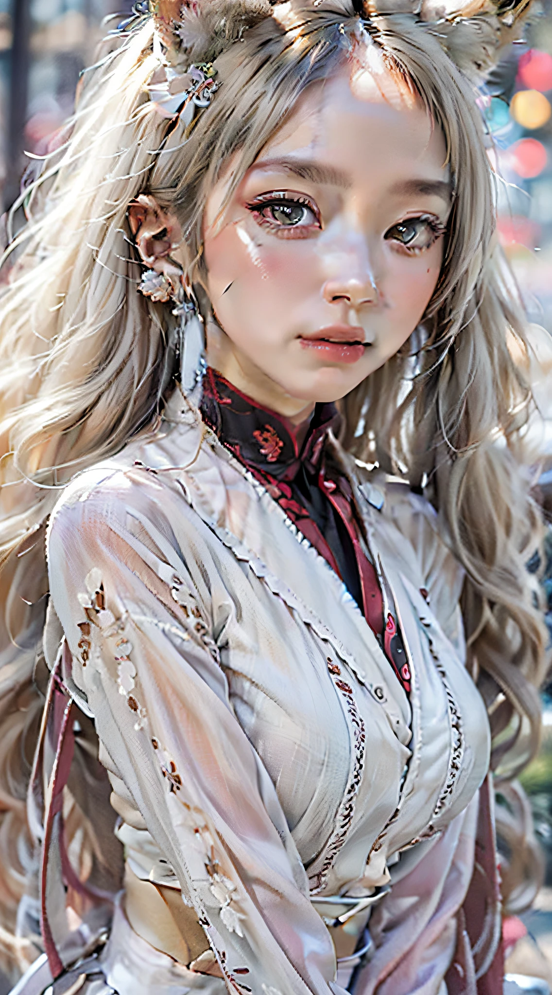 1girll,独奏,(long white hair,fox ear),Blushlush,Chubby toot,(Perfect body 1.3)skirt suit,tmasterpiece,(fidelity:1.4),Perfect body,Beautiful face with details,full bodyesbian,shoe,long eyebrow,The large,adorable eyes,Movie lights, movie lights,intense contrast,High level of detail,Best quality at best,tmasterpiece,Chinese style