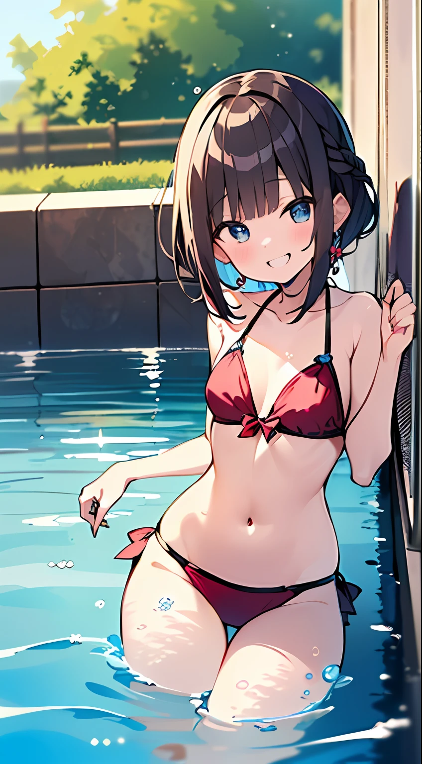 (Incredibly ridiculous absolute resolution:1.5)、hiquality、top-quality、masuter piece、Anime girl in cherry pink and blue bikini, 魅惑的、Anime Loli, 8k Manga Wallpapers, heart mark、Smile、Shy laughter、((small curvy loli))、pretty anime girl,((swimming pools))、(Medium Shorthair)、(short braided hair)