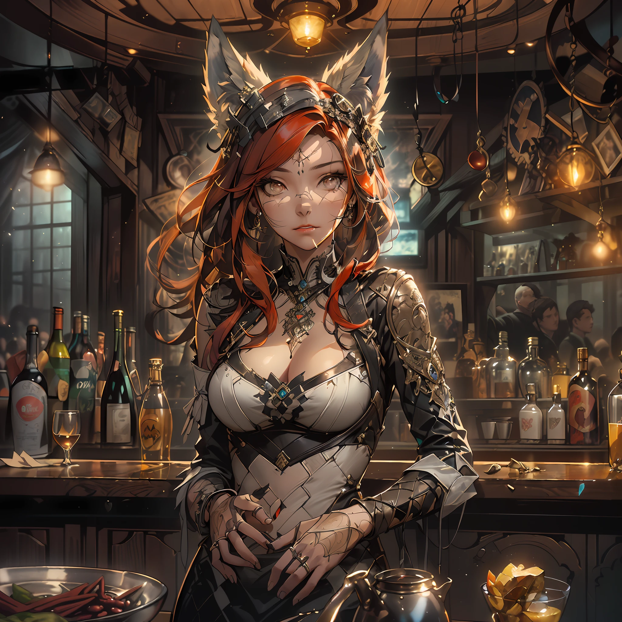 high details, best quality, 8k, [ultra detailed], masterpiece, best quality, (extremely detailed), dynamic angle, ultra wide shot, RAW, photorealistic, fantasy art, dnd art, rpg art, realistic art, a wide angle picture of a female with fox charateristics in a bar,  full body, [[anatomically correct]]. dynamic position (1.5 intricate details, Masterpiece, best quality) bar backgrounds (1.5 intricate details, Masterpiece, best quality), a female wearing tight leather clothes (1.4 intricate details, Masterpiece, best quality), high heeled boots, fox tail, (1.5 intricate details, Masterpiece, best quality) fox ears (1.5 intricate details, Masterpiece, best quality), red hair, long hair, dynamic hair, intense eyes, bar background background (intense details), lamp light, depth of field (1.4 intricate details, Masterpiece, best quality), dynamic angle, (1.4 intricate details, Masterpiece, best quality) 3D rendering, high details, best quality, highres, ultra wide angle