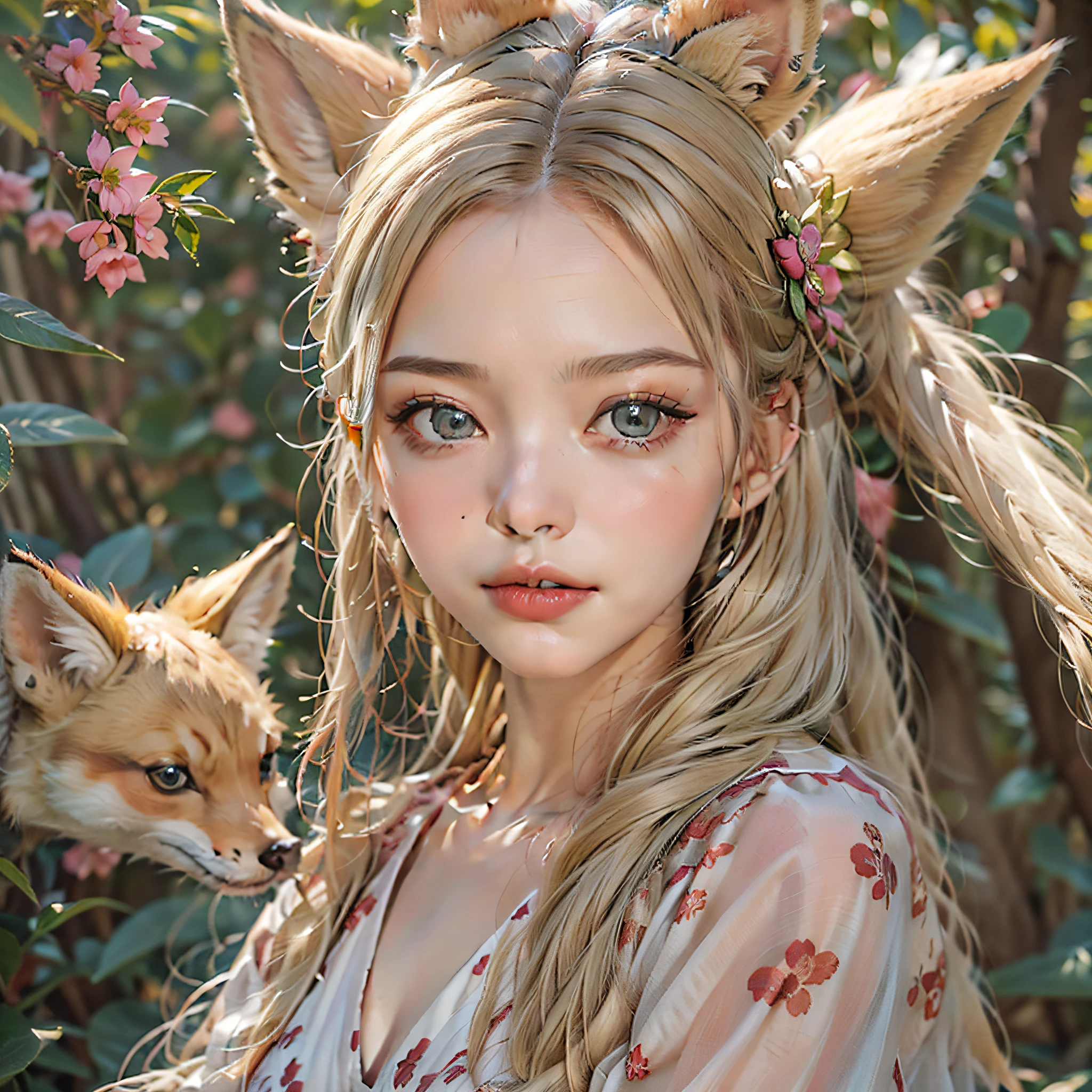 1girll，独奏，long whitr hair，whaite hair，fox ear，Blushlush，Chubby toot，（Perfect body 1.3）Sexy dresses，tmasterpiece，（fidelity：1.4），Perfect body，Beautiful face with details，full bodyesbian，shoe，long eyebrow，The large，adorable eyes，Movie lights, movie lights，intense contrast，High level of detail，Best quality at best，tmasterpiece，Chinese style，Halfway portrait