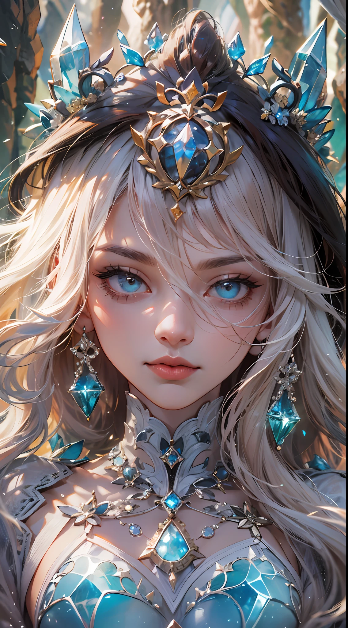 (absurdres, highres, ultra detailed), 1woman, mature female, aged up, wavy long hair, auburn hair, coral eyes, bangs, long sleeves, finely detailed eyes and detailed face, extremely detailed CG unity 8k wallpaper, intricate details, (style-swirlmagic:1.0), looking at viewer, solo, upper body, detailed background, close up, detailed face, (gothic dark ages theme:1.1), crystal sorcerer, dynamic pose, earth themed clothes, crystal crown, floating in the air, glowing magical shards, surrounded by blue magical crystals, rock formations, stalactites, magical floating particles, crystal glass, crystal sphere, crystal canyon background, (shallow water:0.7), epic ethereal atmosphere, updraft,, portrait