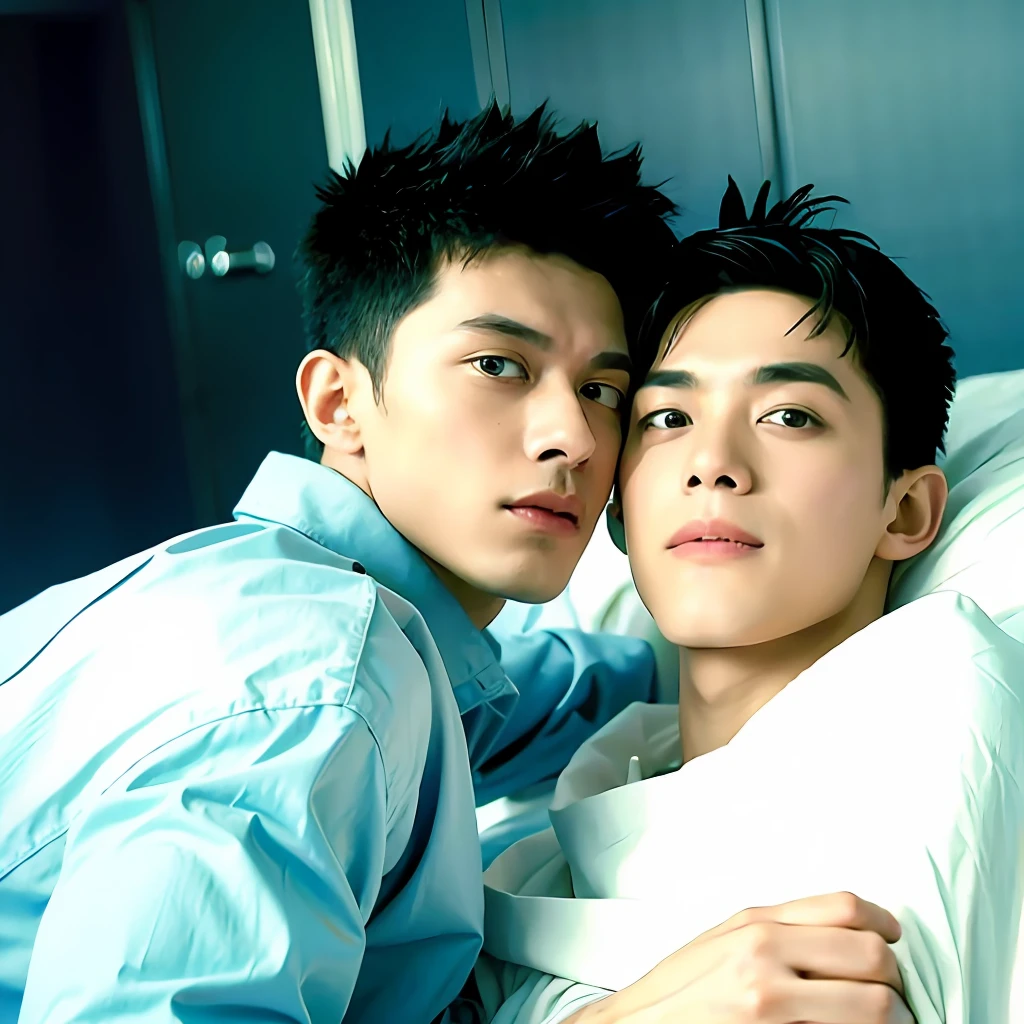 best qualtiy,(realisticlying:1.4), tmasterpiece, Kodak Portra 400, white bed sheet,Lie flat on the bed,(Face focus:1.3),1boys ,white skinned,Show muscles, posing on a, Wear a black eye patch,Stick out your tongue, sface focus