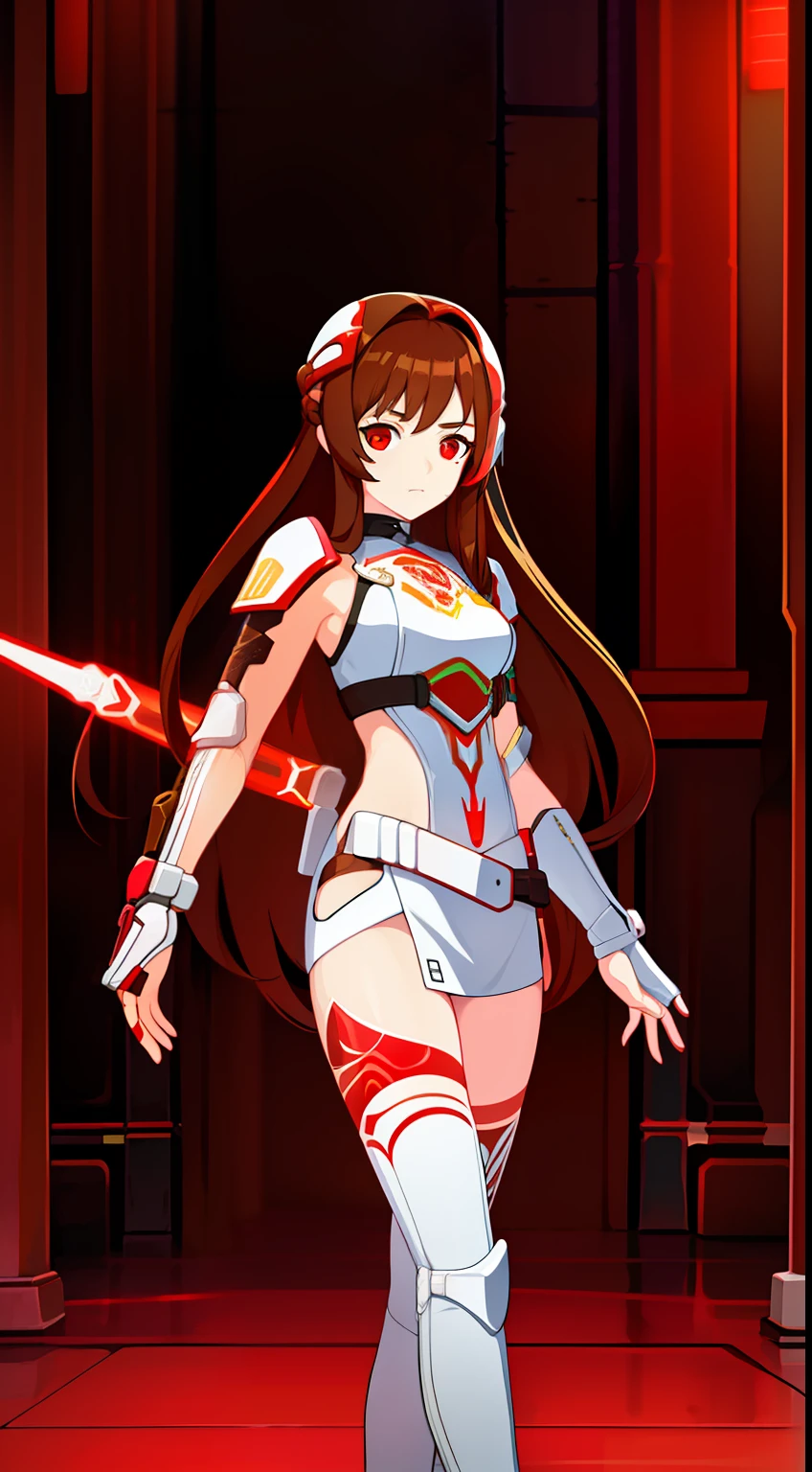 young girl, Long brown hair, red eyes, Tattoos are white, Mandalorian armor, Rage, Lightsaber, Masterpiece, hiquality