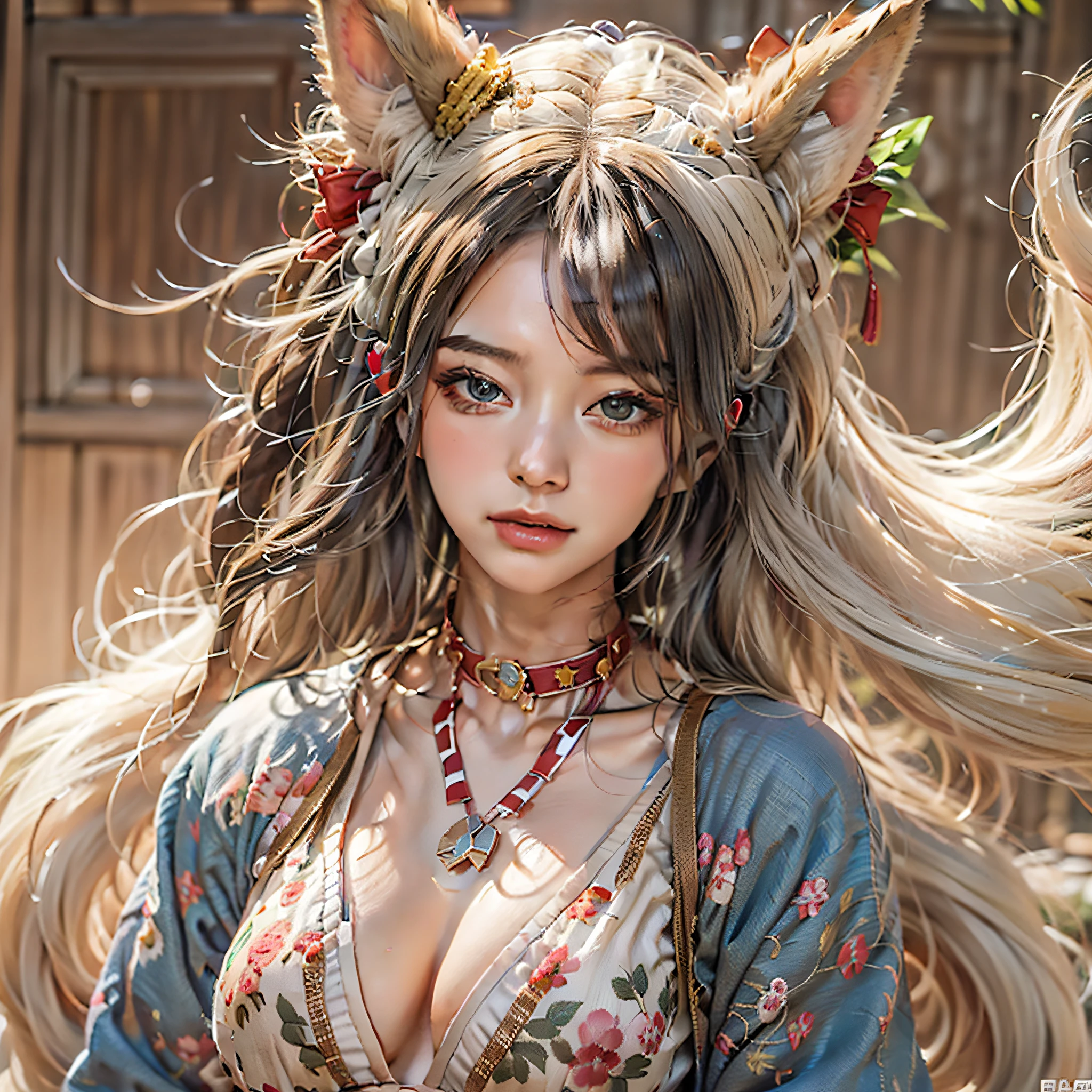 1girll，独奏，long whitr hair，whaite hair，fox ear，Blushlush，Chubby toot，（Perfect body 1.3）Sexy dresses，tmasterpiece，（fidelity：1.4），cleavage，Ethnic style clothing，Chinese style，Halfway portrait