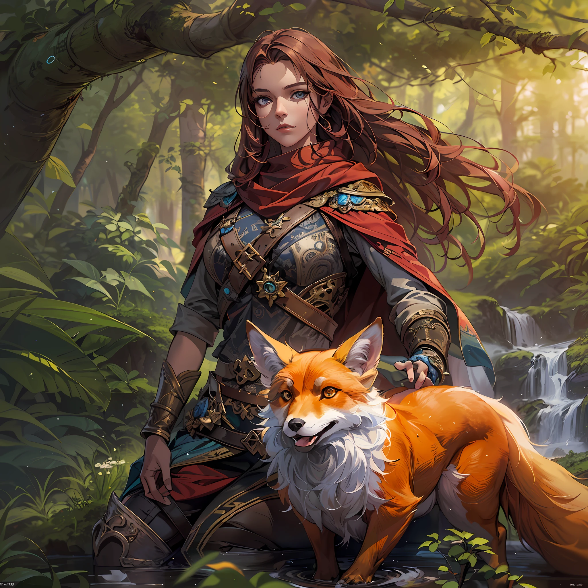 high details, best quality, 8k, [ultra detailed], masterpiece, best quality, (extremely detailed), dynamic angle, ultra wide shot, RAW, photorealistic, fantasy art, dnd art, rpg art, realistic art, a wide angle picture of a female human ranger and her pet fox, warrior of nature, fighter of nature, full body, [[anatomically correct]]. dynamic position (1.5 intricate details, Masterpiece, best quality) talking to a fox (1.6 intricate details, Masterpiece, best quality) in forest (1.5 intricate details, Masterpiece, best quality), a female  wearing leather clothes (1.4 intricate details, Masterpiece, best quality), leather boots, thick hair, long hair, red hair, fair skin intense eyes, forest  background (intense details), a stream flowing in the backgraound (1.4 intricate details, Masterpiece, best quality), dawn light, clouds (1.4 intricate details, Masterpiece, best quality), dynamic angle, (1.4 intricate details, Masterpiece, best quality) 3D rendering, high details, best quality, highres, ultra wide angle