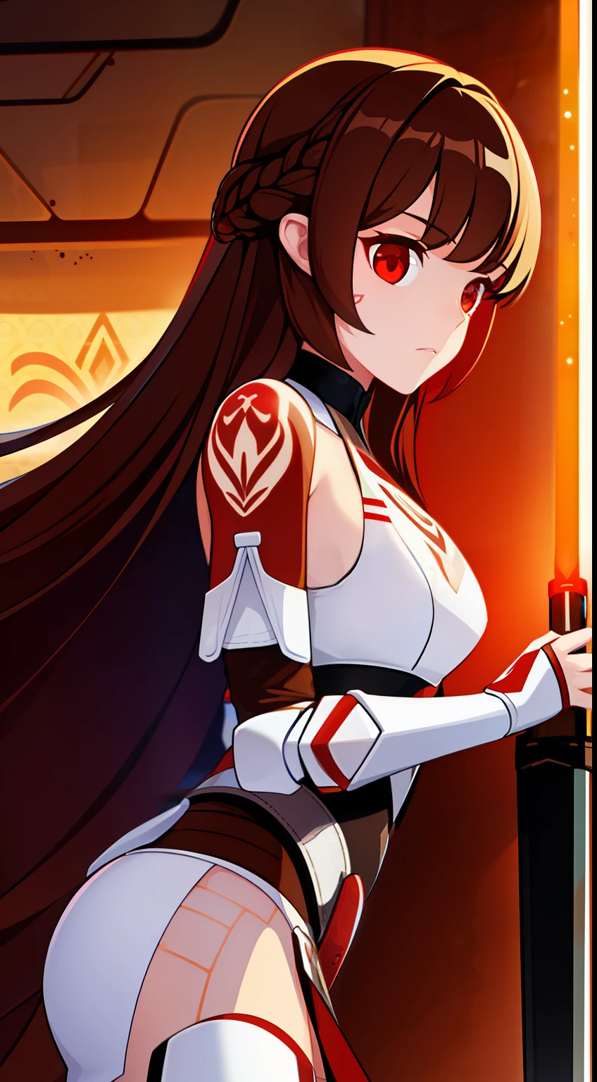 young girl, Long brown hair, red eyes, Tattoos are white, Mandalorian armor, Rage, Lightsaber, Masterpiece, hiquality
