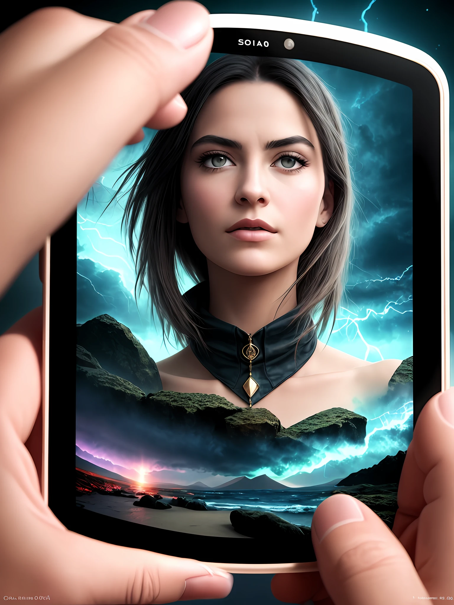 Portrait of a beautiful sorceress half body up pointing the palm of her hand with a blue light to the camera with her gaze fixed on the spectators beautiful eyes in the background a storm sharp focus 1.5 pele detalhada realista 1.5 cinematic mystery high resolution and realism Canon 50 well detailed masterpiece intricate 8k movie style enigmatic suspense nebula great composition realistic vision 4.0 fotorealismo 5.0 absurdamente realista detalhado
