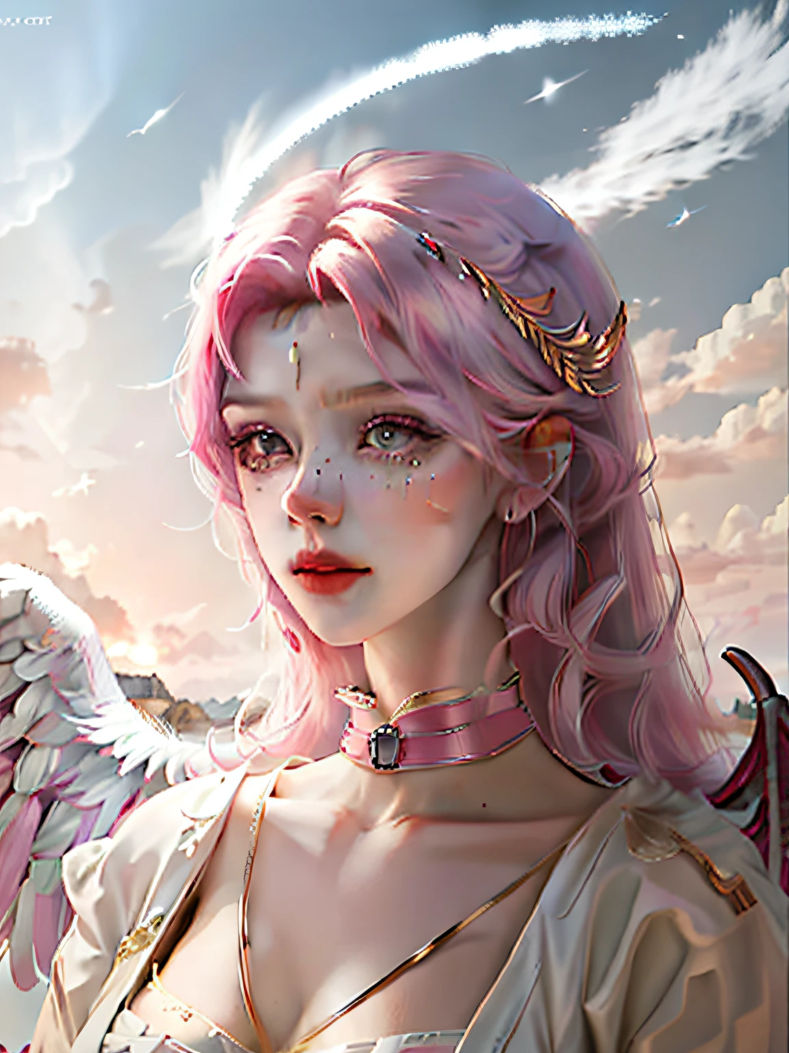 (best qualtiy,8k,32k,tmasterpiece,UHD:1.2),angel and demon,Pink hair oversized_sweater,choker necklace,Skysky,The halo,wings