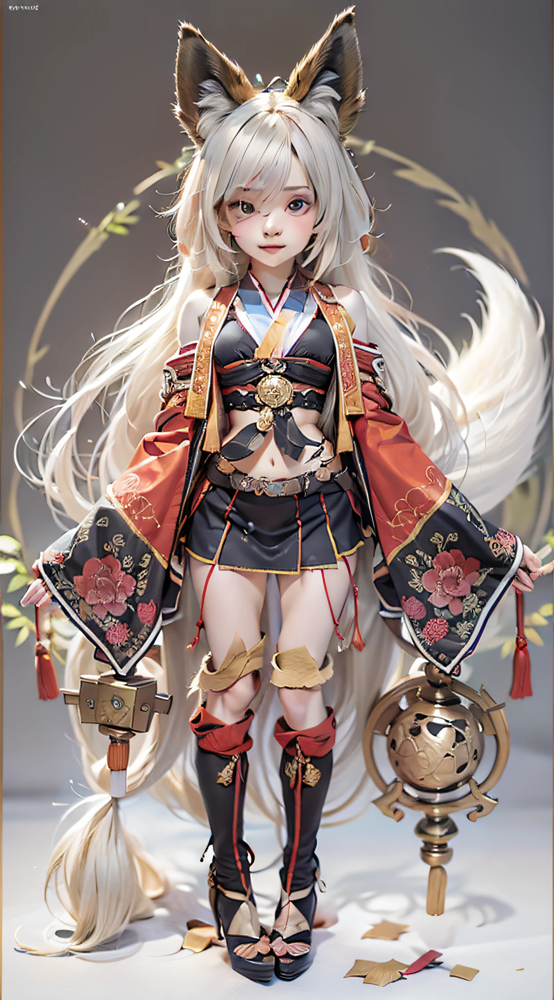 1girll,独奏,long white hair,fox ear,Blushlush,Chubby toot,(Perfect body 1.3)skirt suit,tmasterpiece,(fidelity:1.4),Perfect body,Beautiful face with details,full bodyesbian,shoe,long eyebrow,The large,adorable eyes,intense contrast,High level of detail,Best quality at best,tmasterpiece,Chinese style