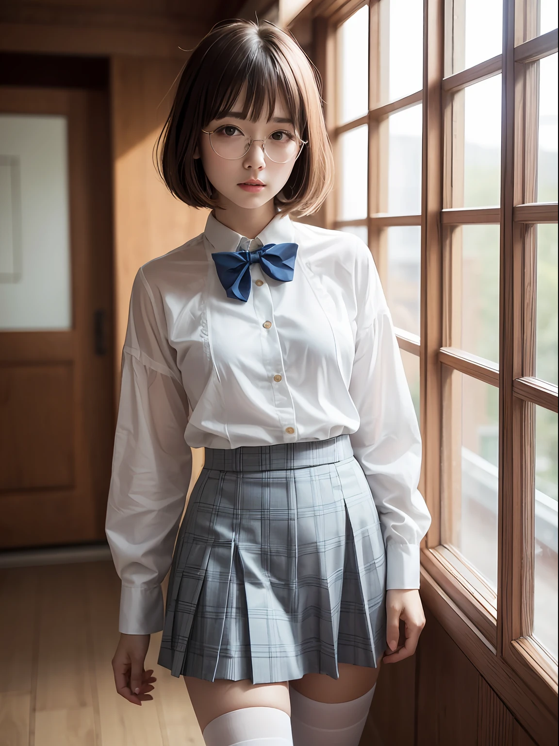 （8K、Raw photography、top-quality、​masterpiece：1.2),absurderes,a small face,small tits,flat breast,Parting the bangs from the middle、Forehead visible,(Tight eyes,Bullish,skinny,Rasping,irate)、​masterpiece,top-quality、超A high resolution,Raw photo,ren,Beautiful fece,One Person, 独奏,eye glass,,Dark look,Small breasts,fullllbody,Round glasses、cute little、A Japanese Lady,is standing,(Tight eyes,Bullish,skinny,Rasping,irate,small tits,flat breast)、（Photorealsitic：1.37）、Photon mapping,Light blue ribbon,Realistic、Cute little face,Brown-eyed、Black socks、(Red bow tie)、Radio City、Physically Based Rendering、Foreground、depth of fields、Blurry background、a picture,The girls、Body, Long legs, Thin leg,bob cuts,(Bangs are visible), hair, s lips, Blue_The eye, nosesoft,White shirt, Navy blue and white plaid pleated skirt, Knees are visible,Sheer clothing,, Thigh, Black cotton socks,Nogizaka Idol, 女優, Japanese ido