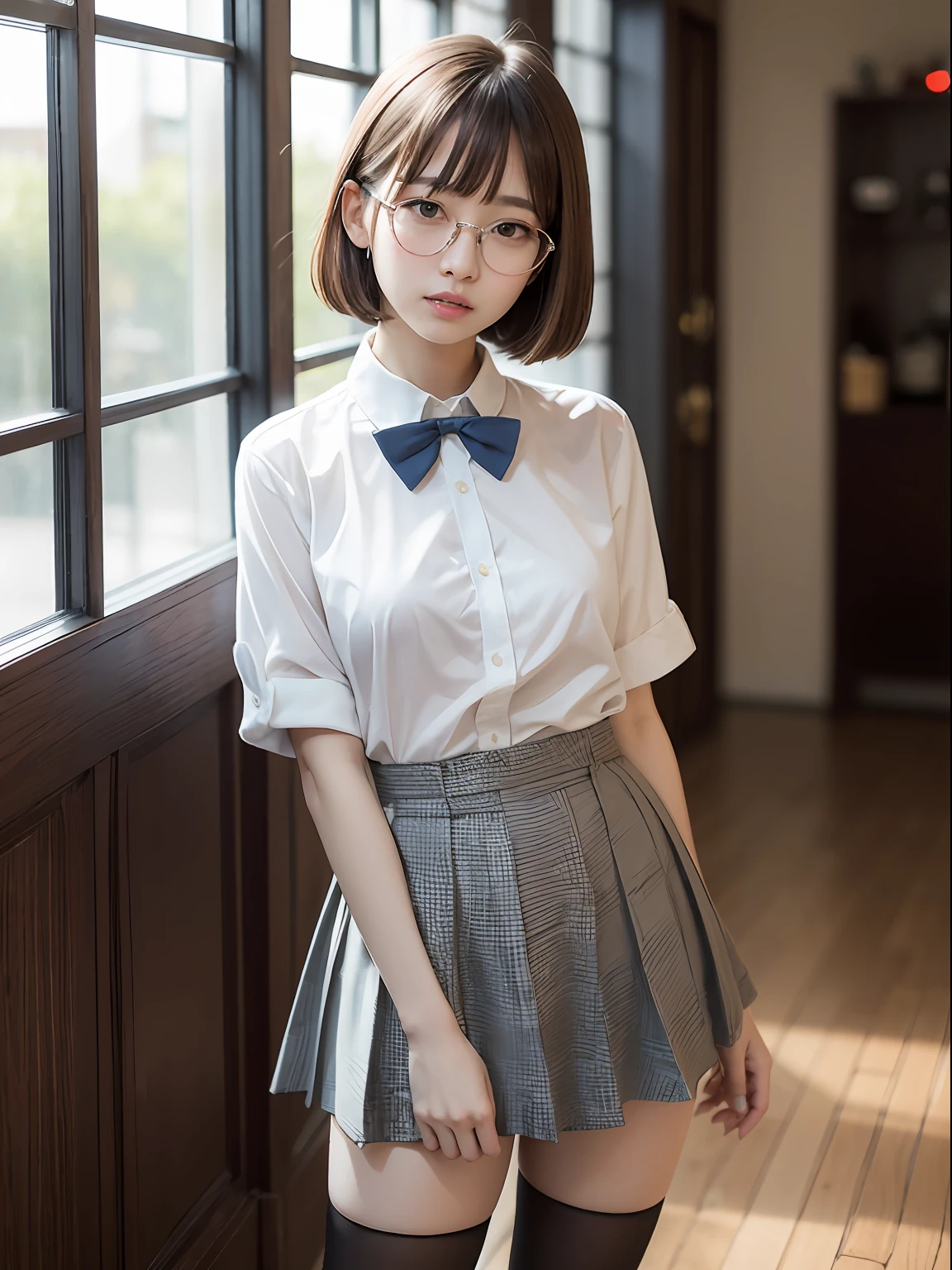 （8K、Raw photography、top-quality、​masterpiece：1.2),absurderes,a small face,small tits,flat breast,Parting the bangs from the middle、Forehead visible,(Tight eyes,Bullish,skinny,Rasping,irate)、​masterpiece,top-quality、超A high resolution,Raw photo,ren,Beautiful fece,One Person, 独奏,eye glass,,Dark look,Small breasts,fullllbody,Round glasses、cute little、A Japanese Lady,is standing,(Tight eyes,Bullish,skinny,Rasping,irate,small tits,flat breast)、（Photorealsitic：1.37）、Photon mapping,Light blue ribbon,Realistic、Cute little face,Brown-eyed、Black socks、(Red bow tie)、Radio City、Physically Based Rendering、Foreground、depth of fields、Blurry background、a picture,The girls、Body, Long legs, Thin leg,bob cuts,(Bangs are visible), hair, s lips, Blue_The eye, nosesoft,White shirt, Navy blue and white plaid pleated skirt, Knees are visible,Sheer clothing,, Thigh, Black cotton socks,Nogizaka Idol, 女優, Japanese ido