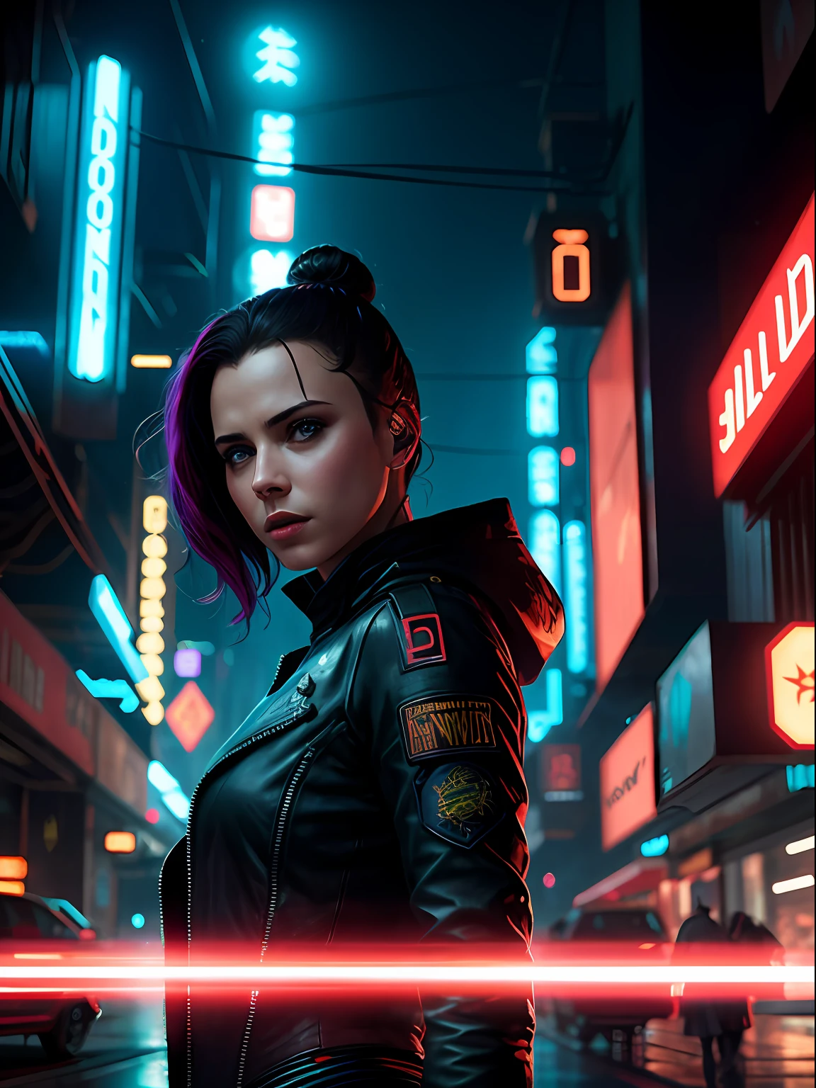 Close-up, neve, blade runner aesthetics, Jantar Blade Runner, uma Black Widow muito bonita, com roupas cyberpunk em uma cidade cyberpunk movimentada com placas de neon, neon lights, foco nítido, Studio photo, detalhes intrincados, altamente detalhado, profundidade de campo, foco nítido, High detail, textura de pele realista, Realistic, fotorrealista, Arte Digital, tinta escura, Directed by: Greg Rutkowski