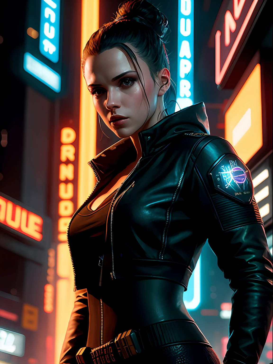 Close-up, neve, blade runner aesthetics, Jantar Blade Runner, uma Black Widow muito bonita, com roupas cyberpunk em uma cidade cyberpunk movimentada com placas de neon, neon lights, foco nítido, Studio photo, detalhes intrincados, altamente detalhado, profundidade de campo, foco nítido, High detail, textura de pele realista, Realistic, fotorrealista, Arte Digital, tinta escura, Directed by: Greg Rutkowski
