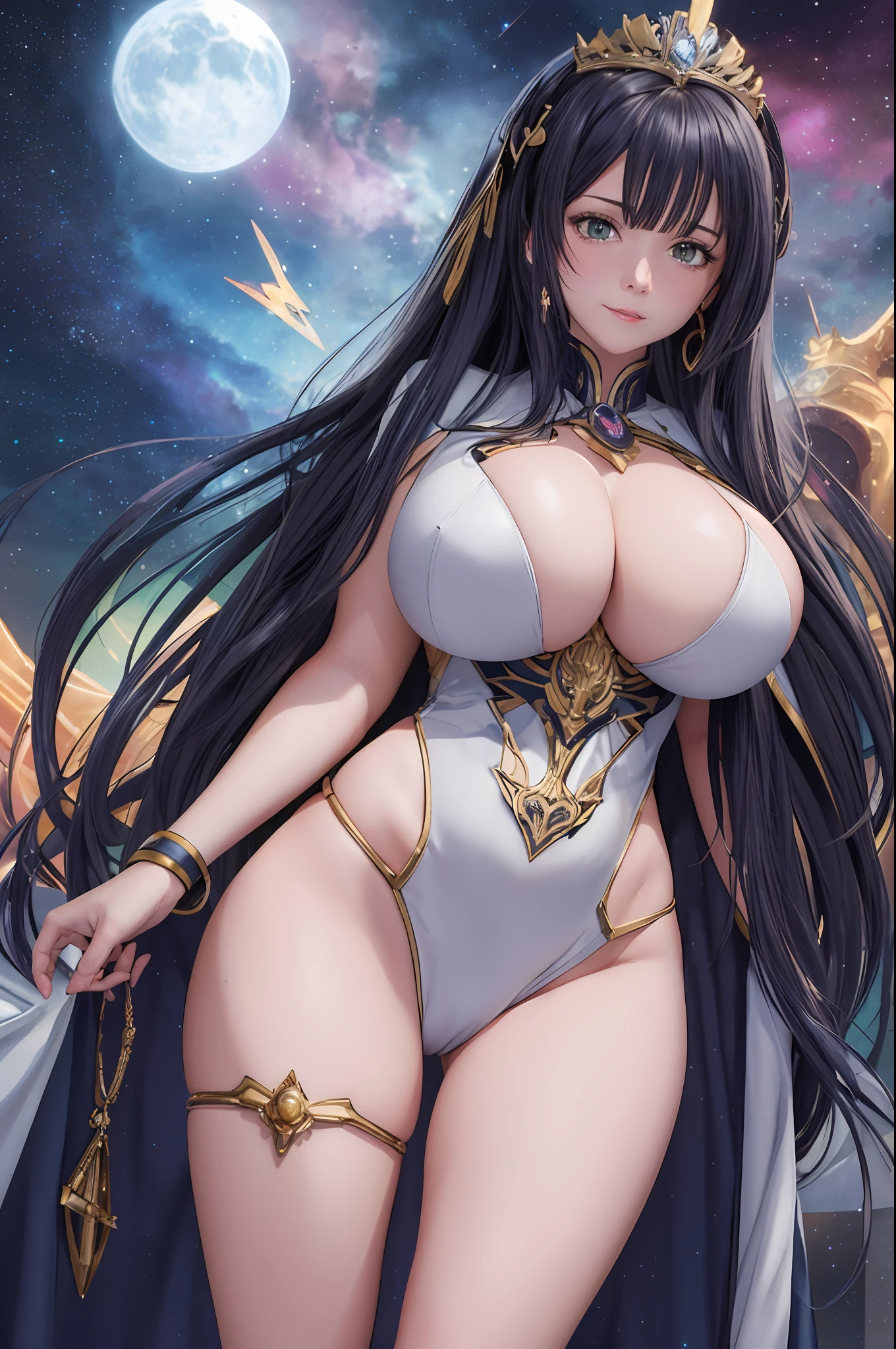 Una imagen de dibujos animados de una mujer con un pecho muy grande, Diosa del anime, portrait knights of zodiac girl, knights of zodiac girl, Hestia, Diosa de las galaxias, Arte oficial de alto detalle, Foto gigante de la diosa impresionante, ((a beautiful empress of fantasy)), Foto extremadamente detallada de la diosa, Galactic Goddess, ilustraciones detalladas del anime, biomechanical oppai, Pechos cubiertos y SFW