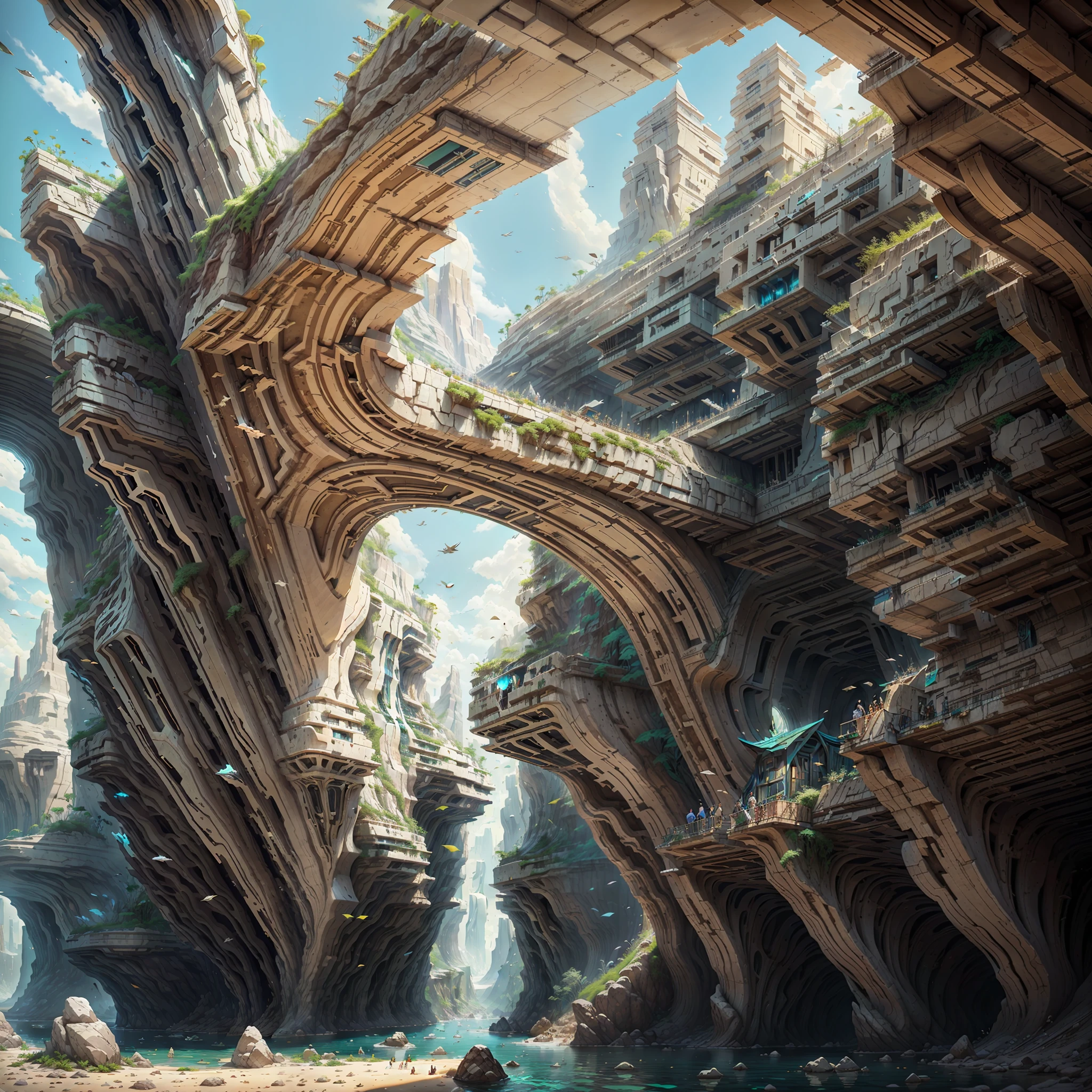 :an awesome sunny cheerful day environment concept art of Futuristic design of cave architecture interiors concept art on grand Canyon caves nature architecture, Proportional,Detailed, Cave architecture naturally meets futuristic architecture,Boasting huge waterfalls on rainforest jungle cliffs,Crepuscular Rays, nature meets modern architecture in the style of Aries Moross, Rem Koolhaas,Daniel Libeskind, Jean Nouvel, Paolo Soleri,Toyo Ito and Philip Johnson with Dry brush drawing style ,Chiaroscuro village,cliff side residential area, mixed development,nature architecture,Bright colors,high rise made up staircases, terrazzo, full of glass facades,carved from rocks, Masterpiece, Proportional, Detailed, trending on artstationh, Beautiful lighting, Realistic, Intricate