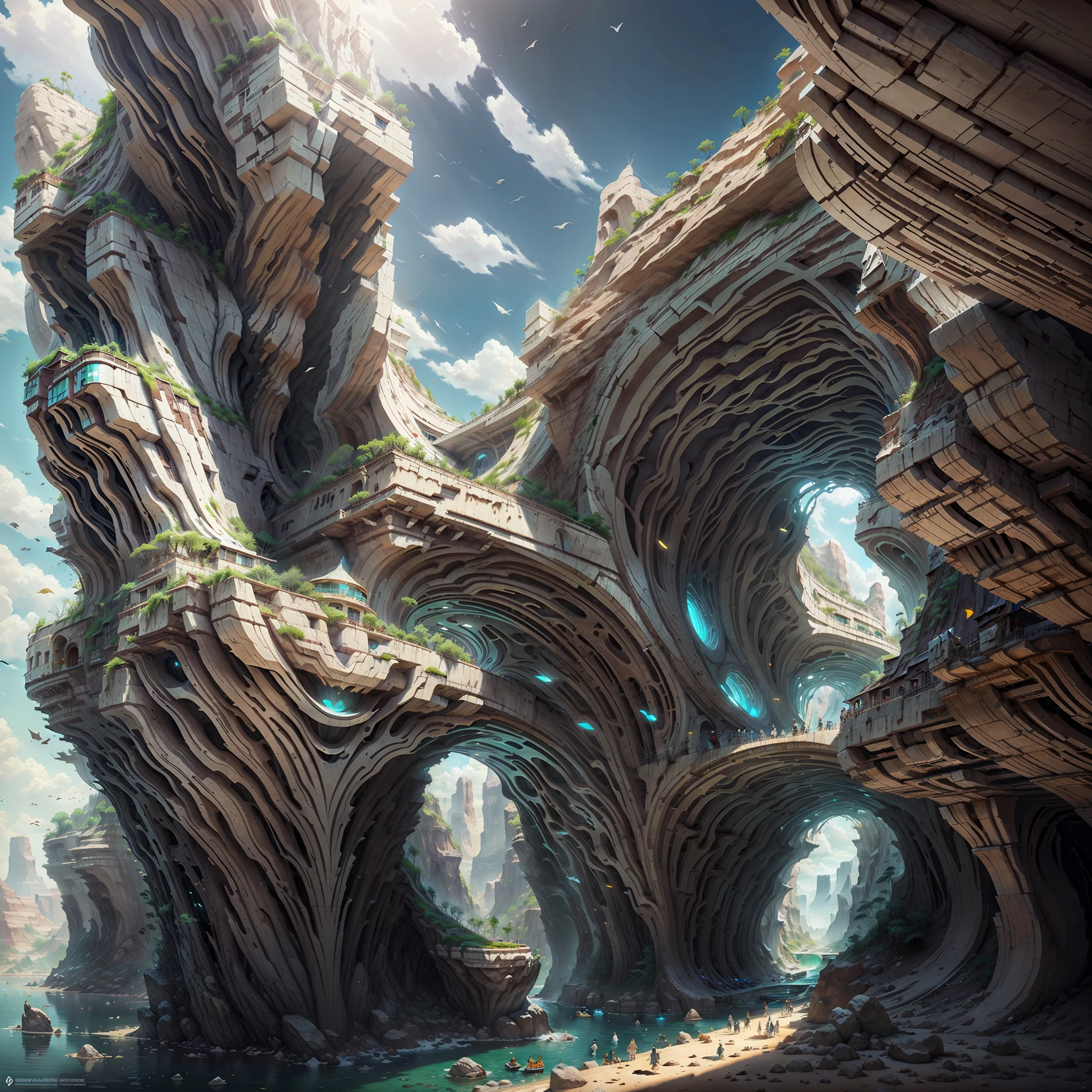 :an awesome sunny cheerful day environment concept art of Futuristic design of cave architecture interiors concept art on grand Canyon caves nature architecture, Proportional,Detailed, Cave architecture naturally meets futuristic architecture,Boasting huge waterfalls on rainforest jungle cliffs,Crepuscular Rays, nature meets modern architecture in the style of Aries Moross, Rem Koolhaas,Daniel Libeskind, Jean Nouvel, Paolo Soleri,Toyo Ito and Philip Johnson with Dry brush drawing style ,Chiaroscuro village,cliff side residential area, mixed development,nature architecture,Bright colors,high rise made up staircases, terrazzo, full of glass facades,carved from rocks, Masterpiece, Proportional, Detailed, trending on artstationh, Beautiful lighting, Realistic, Intricate