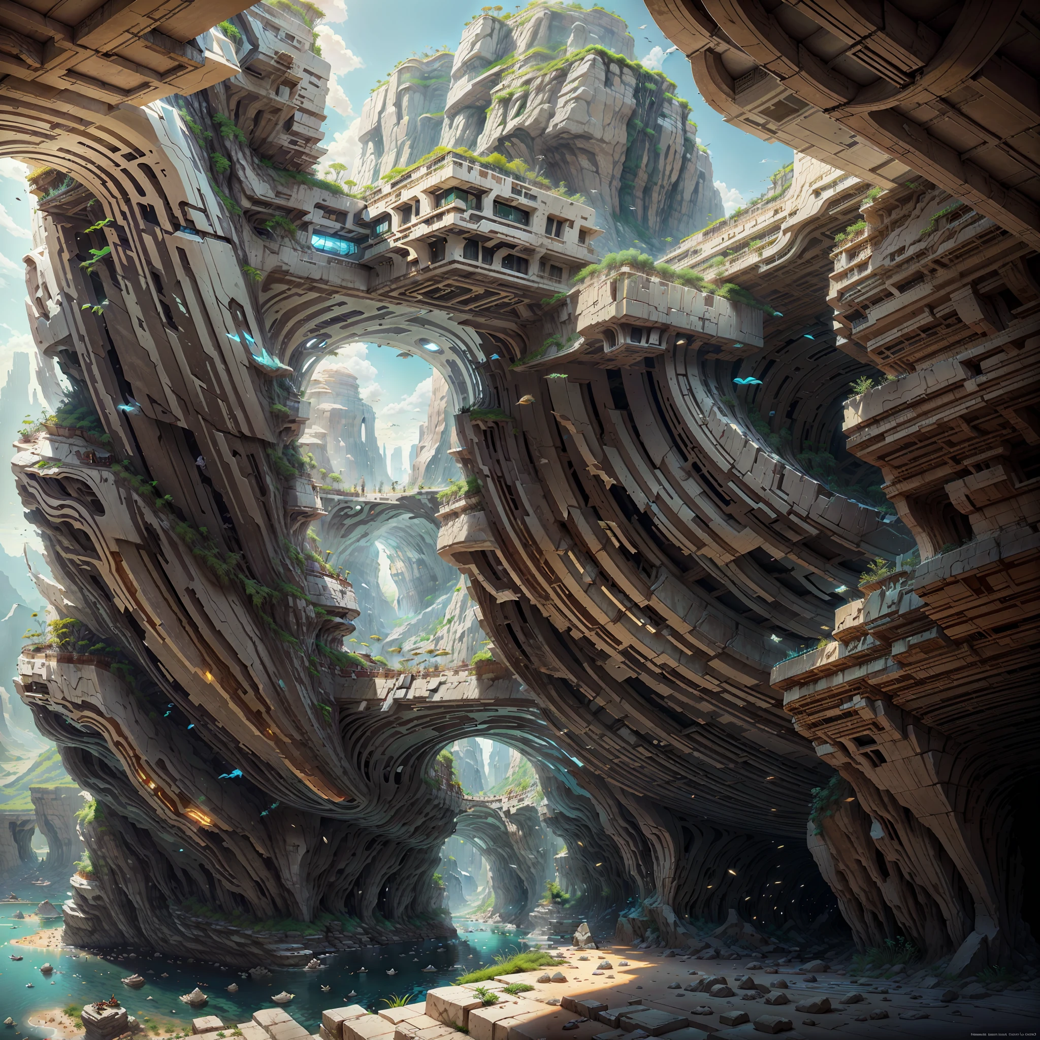 :an awesome sunny cheerful day environment concept art of Futuristic design of cave architecture interiors concept art on grand Canyon caves nature architecture, Proportional,Detailed, Cave architecture naturally meets futuristic architecture，Boasting huge waterfalls on rainforest jungle cliffs,Crepuscular Rays, nature meets modern architecture in the style of Aries Moross, Rem Koolhaas,Daniel Libeskind, Jean Nouvel, Paolo Soleri,Toyo Ito and Philip Johnson with Dry brush drawing style ,Chiaroscuro village,cliff side residential area, mixed development,nature architecture,Bright colors,high rise made up staircases, terrazzo, full of glass facades,carved from rocks, Masterpiece, Proportional, Detailed, trending on artstationh, Beautiful lighting, Realistic, Intricate