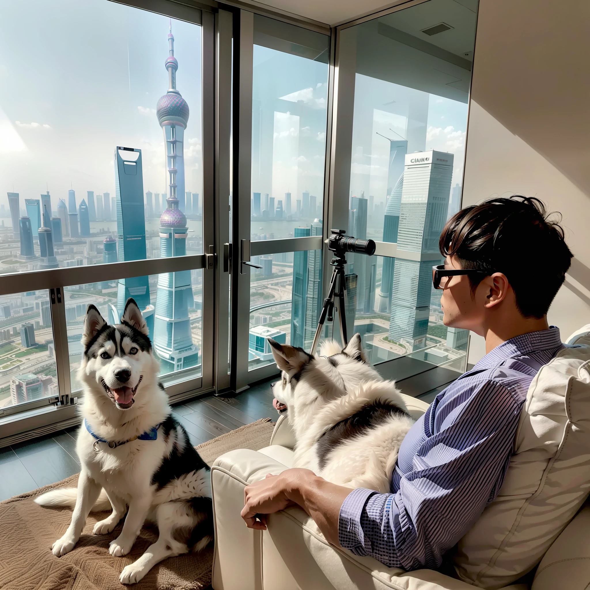 Apartment on the 108th floor of Shanghai Tower,Family of five sitting in the living room watching TV,There is a husky dog next to it,Canon shooting,See the Bund with a telescope