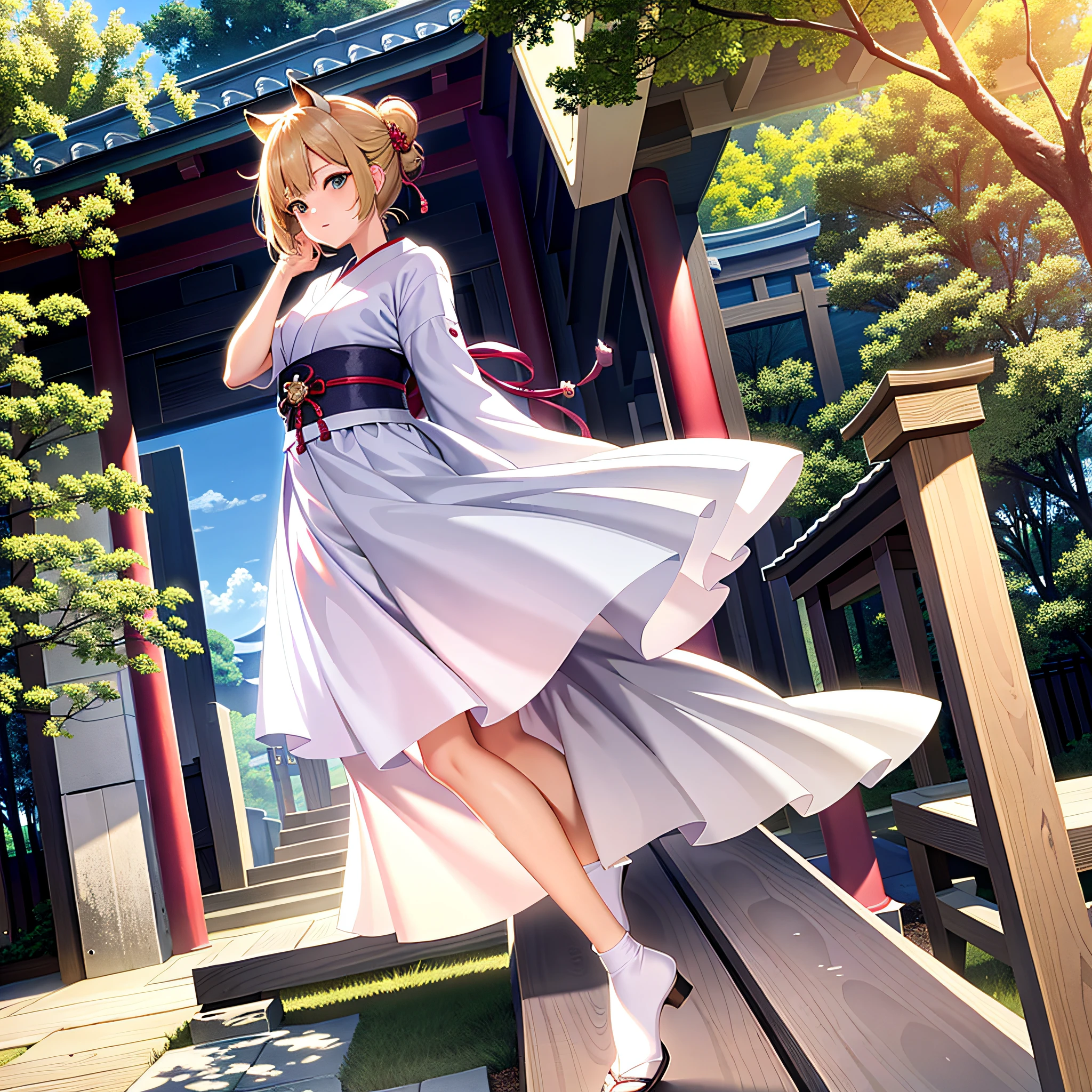 ((best quality:1.5, masterpiece, best light)), girl, solo, japanese, japanese clothers, animal ears, beautiful leg, midium hair, half updo, dappled sunlight, datch ungle, from above, full body, looking at viewer, shrine