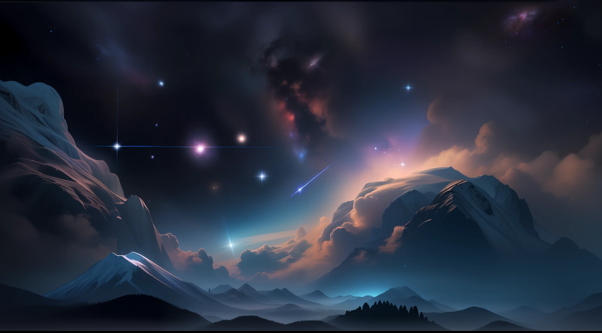Create an unforgettably beautiful image of the dark cosmos that will fascinate you with its mysterious charm. Imagining the vastness of the universe, Where distant stars shine like distant beacons in the eternal night. Depicting the enigmatic darkness of interstellar space, Etheric nebulae and distant galaxies add to the atmosphere of the universe. Take advantage of a muted color palette, Deep Blue Highlights, Viola, Eta、Heavenly hues that evoke a deep sense of loneliness and wonder found deep in the universe. With creativity powered by AI、Take viewers to the enchanting Dark Cosmos, Where unknown beauty shines in the shadows