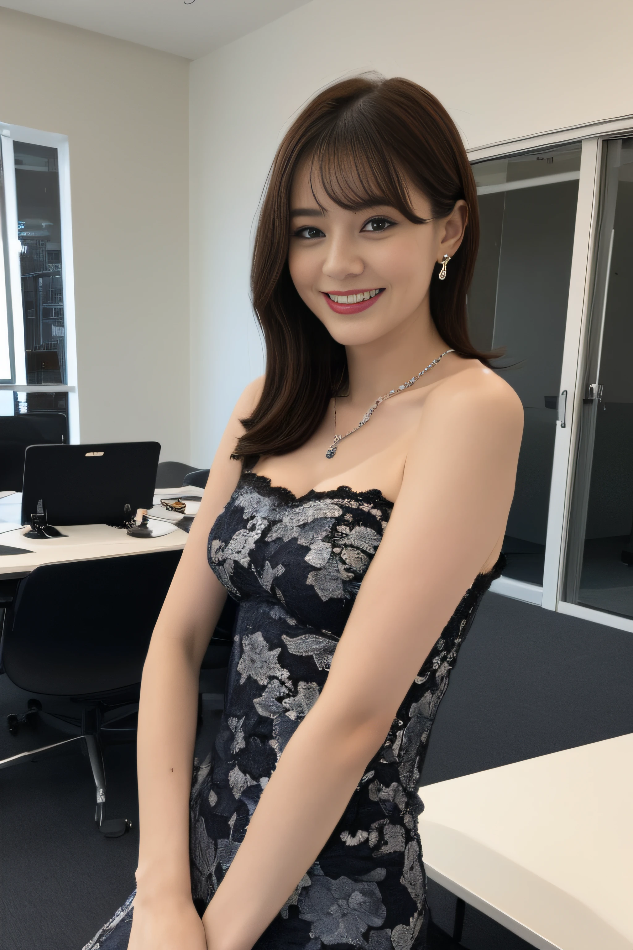 (Highly detailed 8k wallpaper), sharp focus, detailed, dramatic, delicate and beautiful young girl, (slim face, Slim Waist, Slim legs), (leaning forward:1.8), (perky uplifted breasts:1.2), cleavage, (lace embossed transparent dress), Half Butterfly Earrings, Necklace with Opal, (smile:1.05), graphics beautiful, Modern office with a view, wide windows, 3/4 body, standing by window, from above,