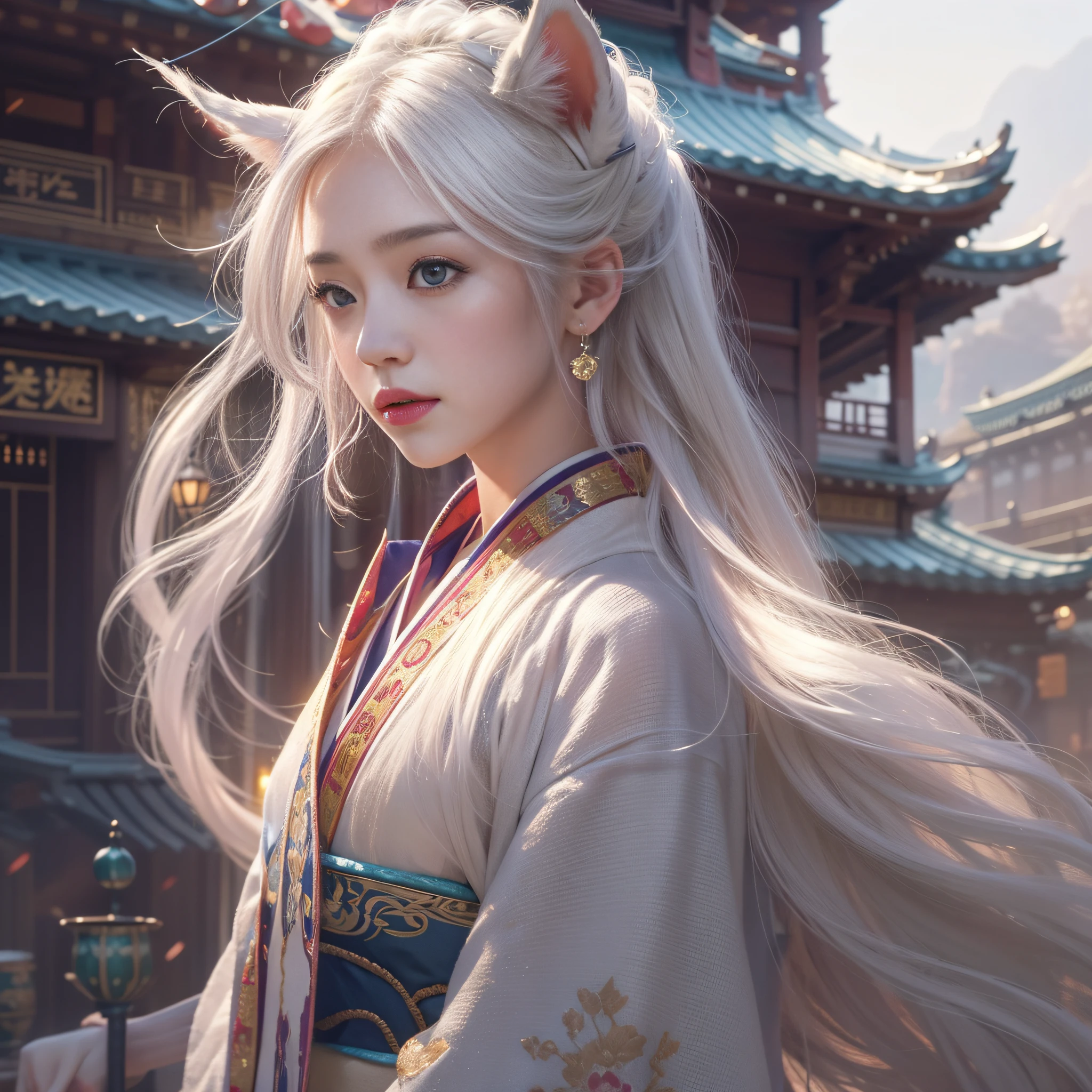 Fox ears white hair girl,Dressed in gorgeous Hanfu, Stand and look into the distance,Quaint building next to it,she has a distant expression, profile pose,highly detailed,tmasterpiece,hyper-high detail,illustratio,dynamic angle,world mastery theater,Long messy hair,best qualtiy,the Extremely Detailed CG Unity 8K Wallpapers,电影灯光,lens flare glow,highly detailed,Amazing, complex, elite, Art Nouveau, elegant, Luxurious, greg rutkovsky, Vector art beautiful character design, Dual exposure shooting, Luminous design, winning artwork, tmasterpiece,