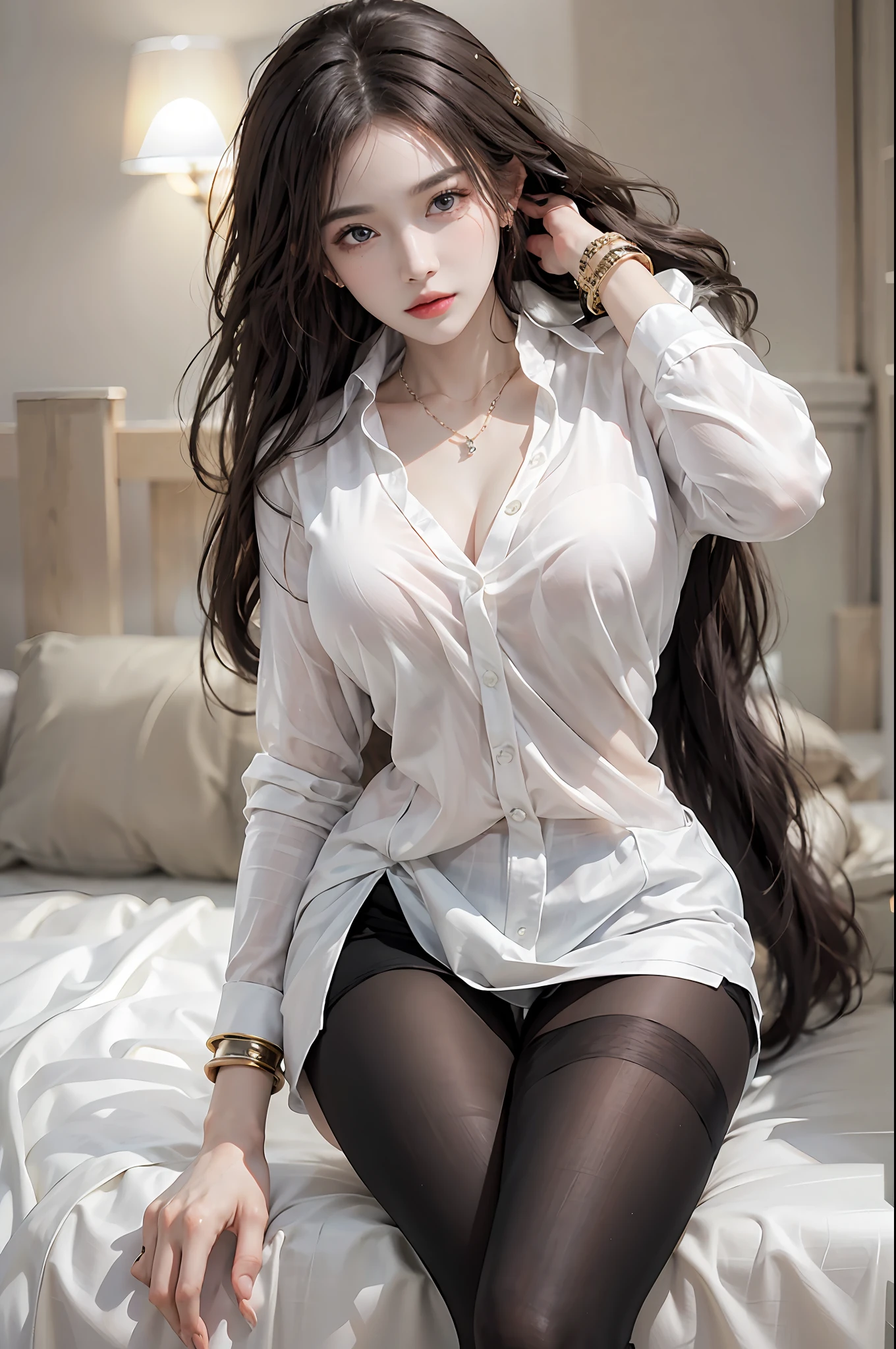 photorealistic, high resolution, 1 woman, solo, hips up, beautiful eyes, long hair, huge breast, bracelets,elegant necklace, elegant diamond earrings, white shirt, black skirt, black stockings