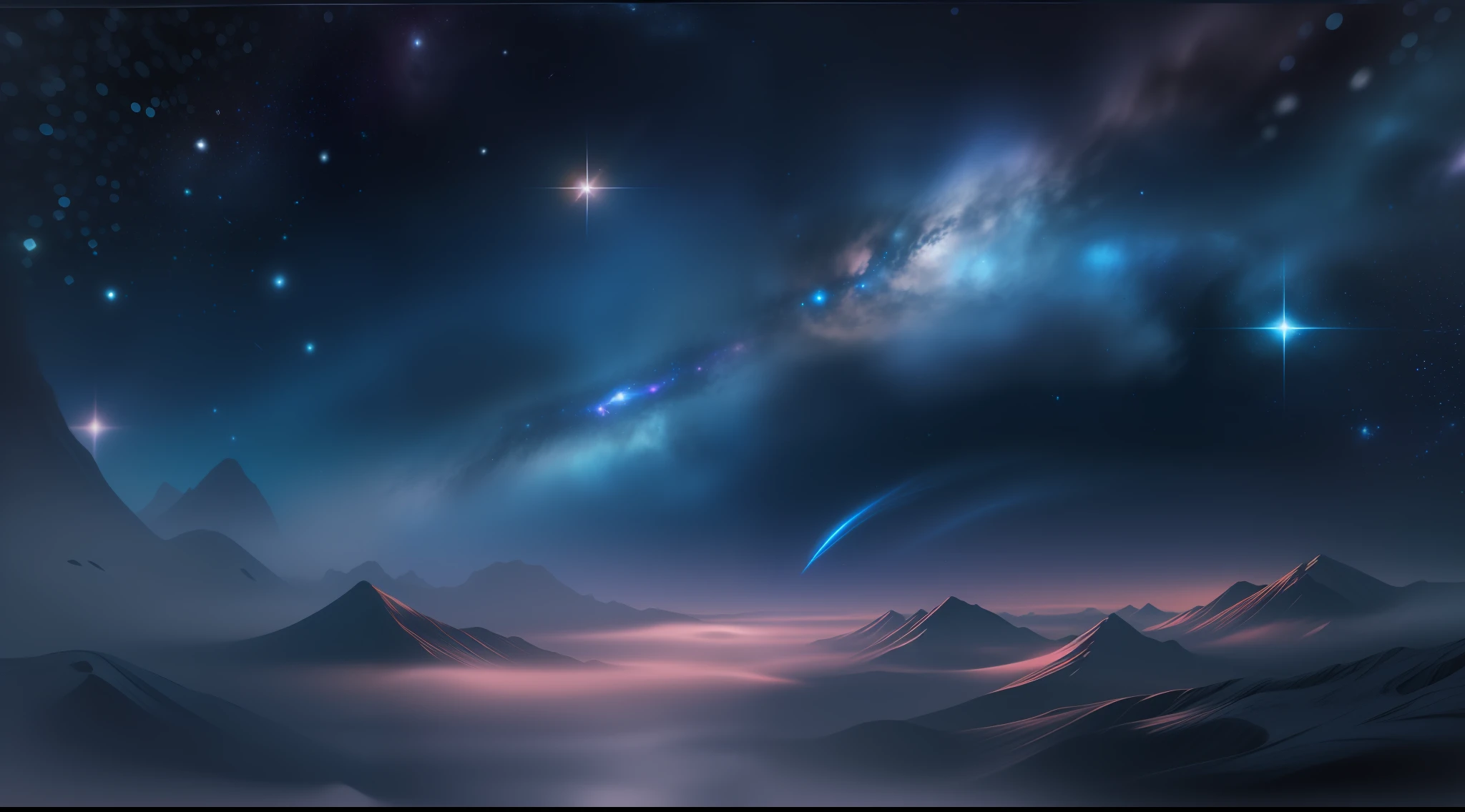 Create an unforgettably beautiful image of the dark cosmos that will fascinate you with its mysterious charm. Imagining the vastness of the universe, Where distant stars shine like distant beacons in the eternal night. Depicting the enigmatic darkness of interstellar space, Etheric nebulae and distant galaxies add to the atmosphere of the universe. Take advantage of a muted color palette, Deep Blue Highlights, Viola, Eta、Heavenly hues that evoke a deep sense of loneliness and wonder found deep in the universe. With creativity powered by AI、Take viewers to the enchanting Dark Cosmos, Where unknown beauty shines in the shadows