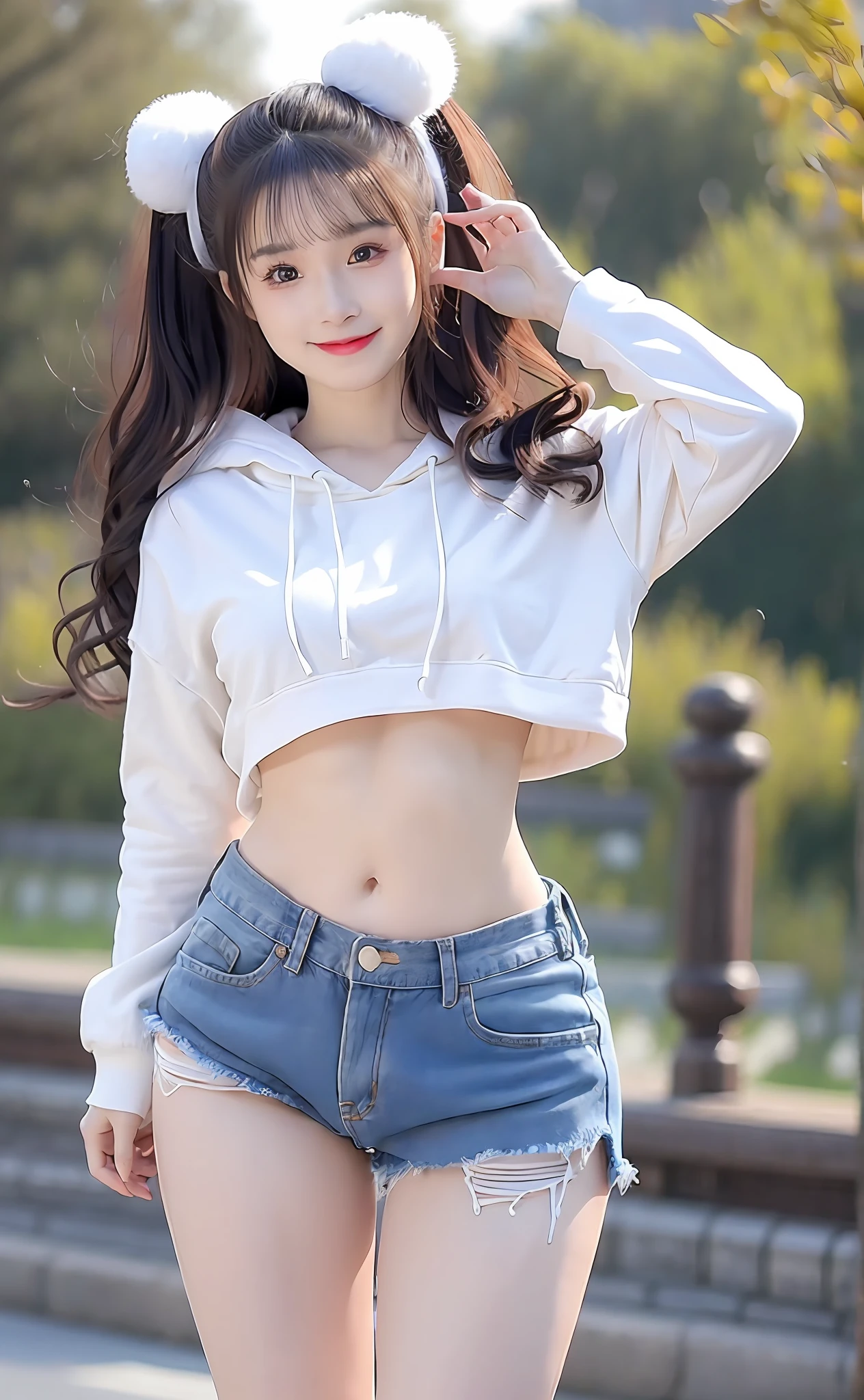 Realism, 8k, 1girl, long wavy curls, pale skin (Chinese beauty), (smiling) young beauty, thick eyebrows, ((D cup)), hoodie ((good figure)), (tight) denim shorts (light denim shorts), (ripped pants) small waist, wide thighs, standing one thigh up, wide thigh gap, legs apart