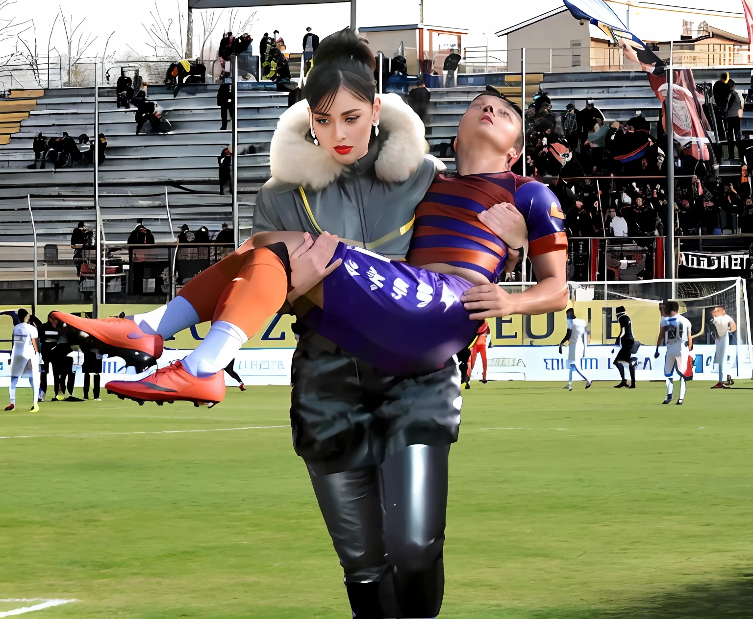 a consciousless athlete in matte red sportswear, a shorthaired fainted man in matte red shorts and shirt, a fainted man is hanging in the arms of a horny policewoman, a ponytailed policewoman with lots of makeup in a black leather uniform, shiny wet leather trousers, a longhaired pretty policewoman with smokey eyes, a attractive madeup policewoman in shiny leather with lipstick, a policewoman is carrying a male athlete, a matte clothed injured sportsman, a shorthaired athlete with cotton shorts and t-shirt, a shorthaired bearded sportsman needs to be carried while wearing matte cotton clothes, there is a leather-clad policewoman holding an injured male athlete in a field with a soccer ball, realistic scene, on a soccer field, photoshopped, realistic shot, funny professional photo, imgur, photobashing, alexandra fomina, realistic photo shoot, soccer, photo manipulation, portrait shot