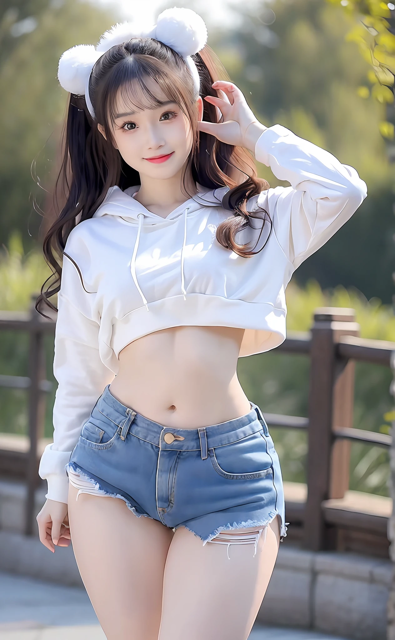 Realism, 8k, 1girl, long wavy curls, pale skin (Chinese beauty), (smiling) young beauty, thick eyebrows, ((D cup)), hoodie ((good figure)), (tight) denim shorts (light denim shorts), (ripped pants) small waist, wide thighs, standing one thigh up, wide thigh gap, legs apart