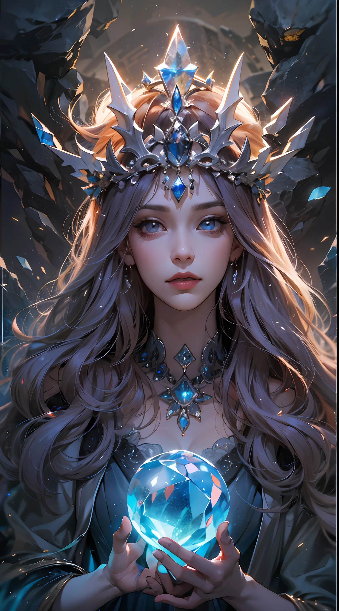 (absurdres, highres, ultra detailed), 1woman, mature female, aged up, wavy long hair, auburn hair, coral eyes, bangs, long sleeves, finely detailed eyes and detailed face, extremely detailed CG unity 8k wallpaper, intricate details, (style-swirlmagic:1.0),  looking at viewer, solo, upper body, detailed background, close up,  detailed face, (gothic dark ages theme:1.1), crystal sorcerer,  dynamic pose, earth themed clothes, crystal crown,  floating in the air, glowing magical shards, surrounded by blue magical crystals,  rock formations, stalactites,  magical floating particles, crystal glass,  crystal sphere, crystal canyon background, (shallow water:0.7),  epic ethereal atmosphere,   updraft,, portrait