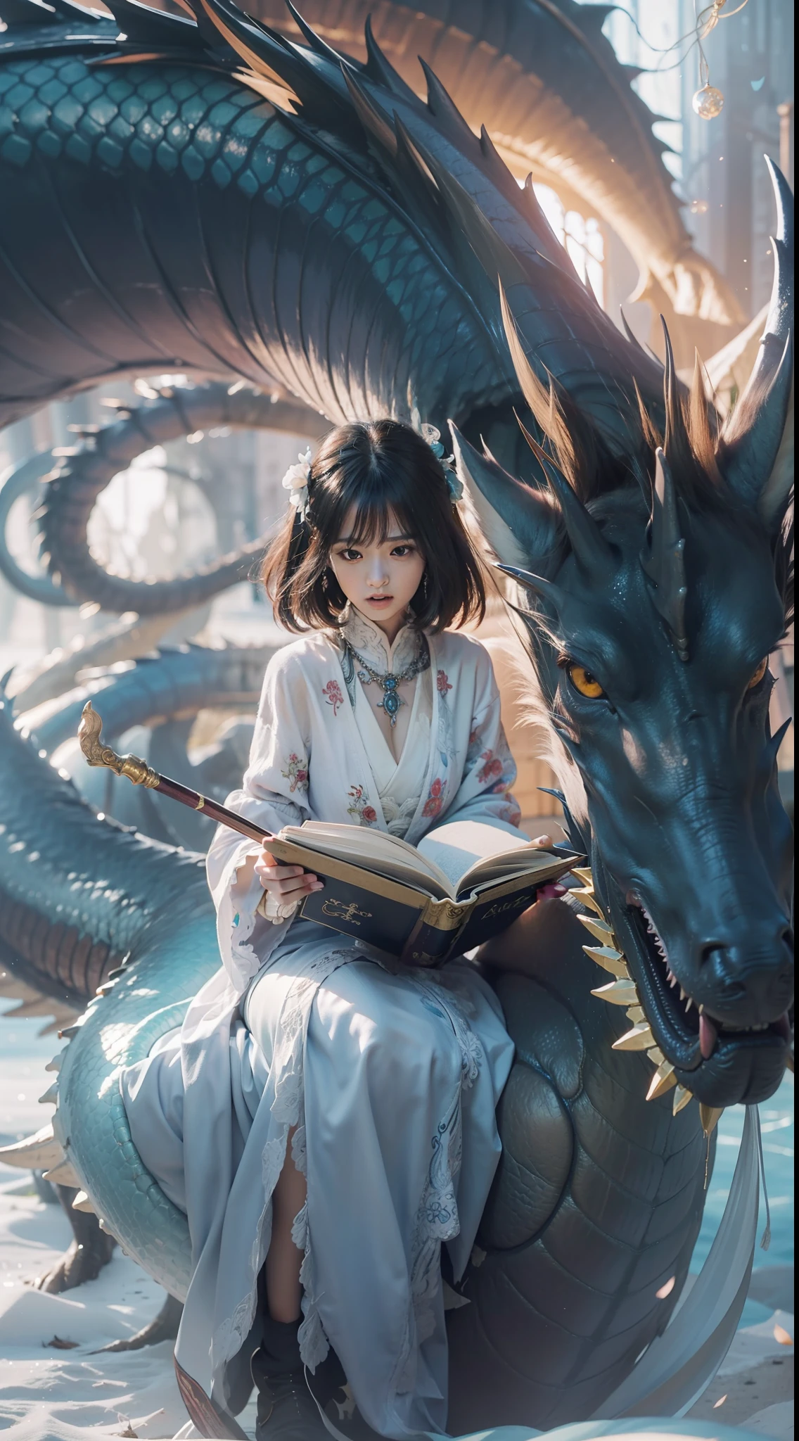 Magic Book,Blood,Night, Dark, (Fantasy),infinite,deep blue sky,The abyss of knowledge,Cowledge,((masutepiece)), (((Best Quality))),((Beautiful fine eyes)),(Eye lashes)、Very beautiful face、Beautiful little girl riding a giant sea dragon、(女の子1人)、Black hair、The long-haired、abyss eyes、glowy skin、oils、small tits、Perfect human body structure、Wizard robes、tattered cloth、Realistic coat、Teenchi、Super delicate CG Unity 32k wallpaper、​masterpiece, ((ultra-detailliert)), ((illustratio)),colourfull,wall-paper,The energy,Unknown terror,Incomprehensible,Around the magic,Magical surroundings,magic wands,Boken,Flying pages,Know everything,Predict the future、Get to know the past、Infinite wisdom、blue flames、Warlock、magic circles、Pentagram、Spells、mantra、Singing magic