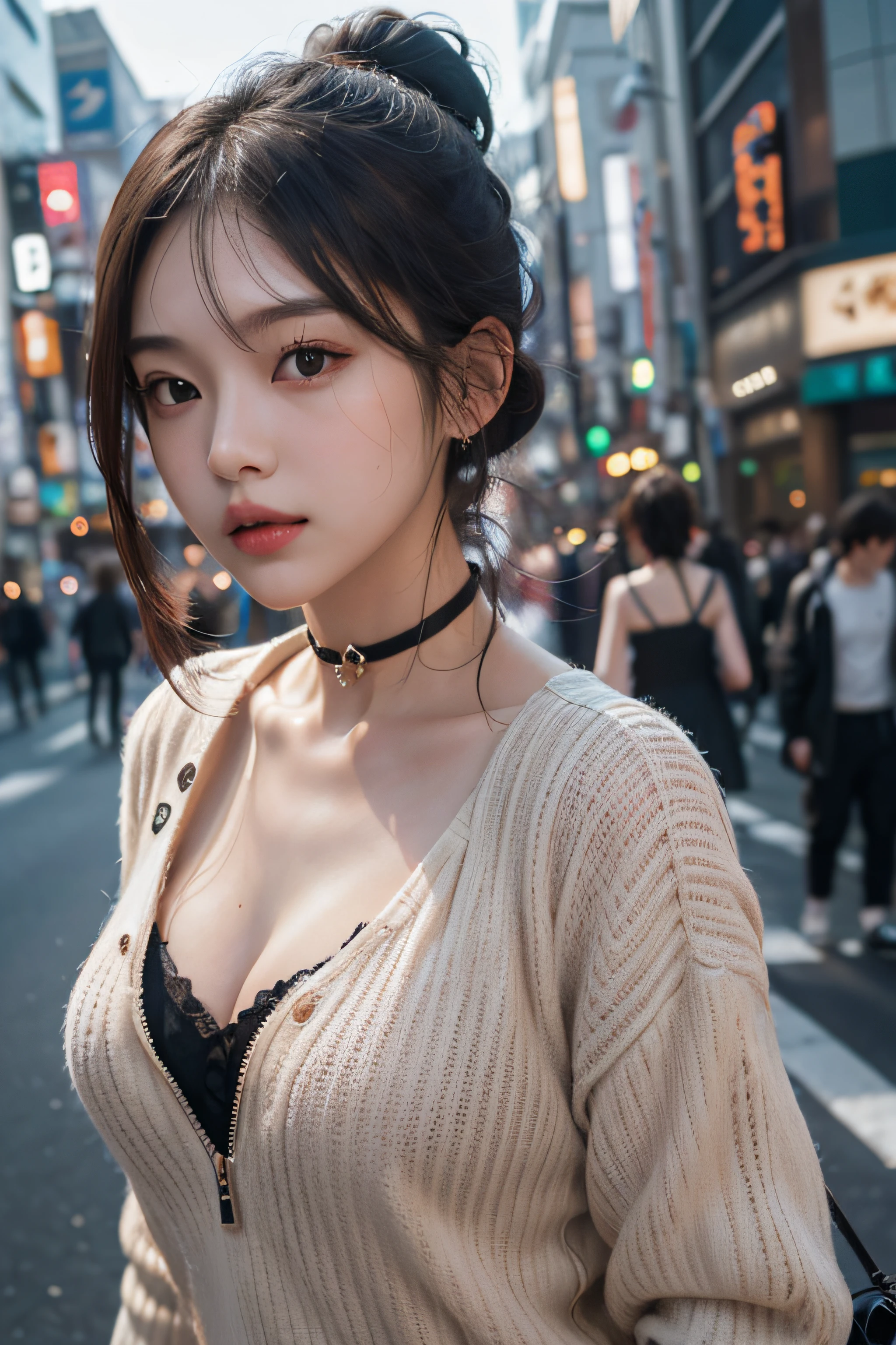 Best Quality Detail:1.2, realisitic, 8K UHD, hight resolution, 1girl in:1.2, The ultra-detailliert, High quality textures, intricate detailes, detaileds, Very detailed CG, High quality shadows, Detail Beautiful delicate face, Detail Beautiful delicate eyes, depth of fields, Ray traching, in her 20s, Pretty Kpop Girl, Korean Urzan Face:1.1, Slender face, ulzzang -6500-v1.1:0.6, pureerosface_v1, gloweyes, teak, Glossy lips, perfectbody, a choker、cleavage of the breast、 Brown hair、poneyTail:1.1, Street, Particle, look at viewr, Photorealsitic:1.4, ultra-detailliert, photos realistic, 4K 8K UHD Full Color RAW Photos, Fuji Film(Medium format:1.2), Hasselblad:1.2, Carl zeiss:1.1, Incredible dynamic range photography(UTIL_Art by Smoose-768:1.1), hight resolution, High pixel count, clear details, crisp image, Natural color reproduction, Noise Reduction, High fidelity, qulity, Software Improvements, Upscaling, Optimized algorithms, Pro-level retouching、((Shibuya, tokyo prefecture))、On the way to shopping、((Fashionable clothes with a very high design))、Casual Tracksuit: Sporty and casual tracksuit、Fashionable style