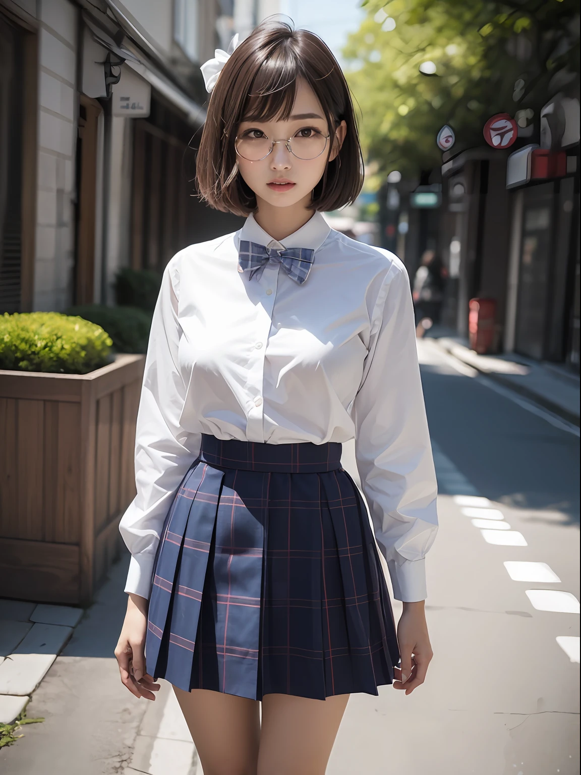 (8K、Raw photography、top-quality、masterpiece:1.2),absurderes,a small face,small tits,flat breast,Parting the bangs from the middle、Forehead visible,(Tight eyes,Bullish,skinny,Rasping,irate)、masterpiece,top-quality、超A high resolution,Raw photo,ren,Beautiful fece,One Person, 独奏,eye glass,,Dark look,Small breasts,fullllbody,Round glasses、cute little、A Japanese Lady,is standing,(Tight eyes,Bullish,skinny,Rasping,irate,small tits,flat breast)、(Photorealsitic:1.37)、Photon mapping,Light blue ribbon,Realistic、Cute little face,Brown-eyed、Black socks、(Red bow tie)、Radio City、Physically Based Rendering、Foreground、depth of fields、Blurry background、a picture,The girls、Body, Long legs, Thin leg,bob cuts,(Bangs are visible), hair, s lips, Blue_The eye, nosesoft,White shirt, Navy blue and white plaid pleated skirt, Knees are visible,Sheer clothing,, Thigh, Black cotton socks,Nogizaka Idol, 女優, Japanese ido