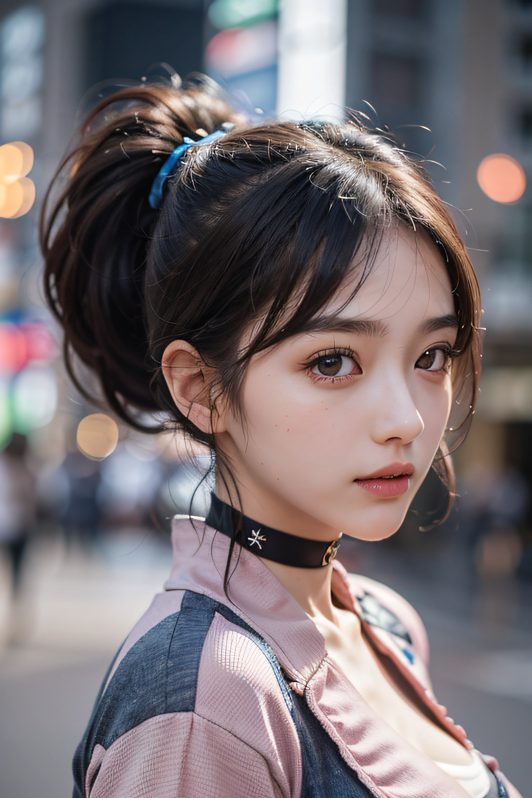 Best Quality Detail:1.2, realisitic, 8K UHD, hight resolution, 1girl in:1.2, The ultra-detailliert, High quality textures, intricate detailes, detaileds, Very detailed CG, High quality shadows, Detail Beautiful delicate face, Detail Beautiful delicate eyes, depth of fields, Ray traching, in her 20s, Pretty Kpop Girl, Korean Urzan Face:1.1, Slender face, ulzzang -6500-v1.1:0.6, pureerosface_v1, gloweyes, teak, Glossy lips, perfectbody, a choker、cleavage of the breast、 Brown hair、poneyTail:1.1, Street, Particle, look at viewr, Photorealsitic:1.4, ultra-detailliert, photos realistic, 4K 8K UHD Full Color RAW Photos, Fuji Film(Medium format:1.2), Hasselblad:1.2, Carl zeiss:1.1, Incredible dynamic range photography(UTIL_Art by Smoose-768:1.1), hight resolution, High pixel count, clear details, crisp image, Natural color reproduction, Noise Reduction, High fidelity, qulity, Software Improvements, Upscaling, Optimized algorithms, Pro-level retouching、((Shibuya, tokyo prefecture))、On the way to shopping、((Fashionable clothes with a very high design))、Casual Tracksuit: Sporty and casual tracksuit、Fashionable style