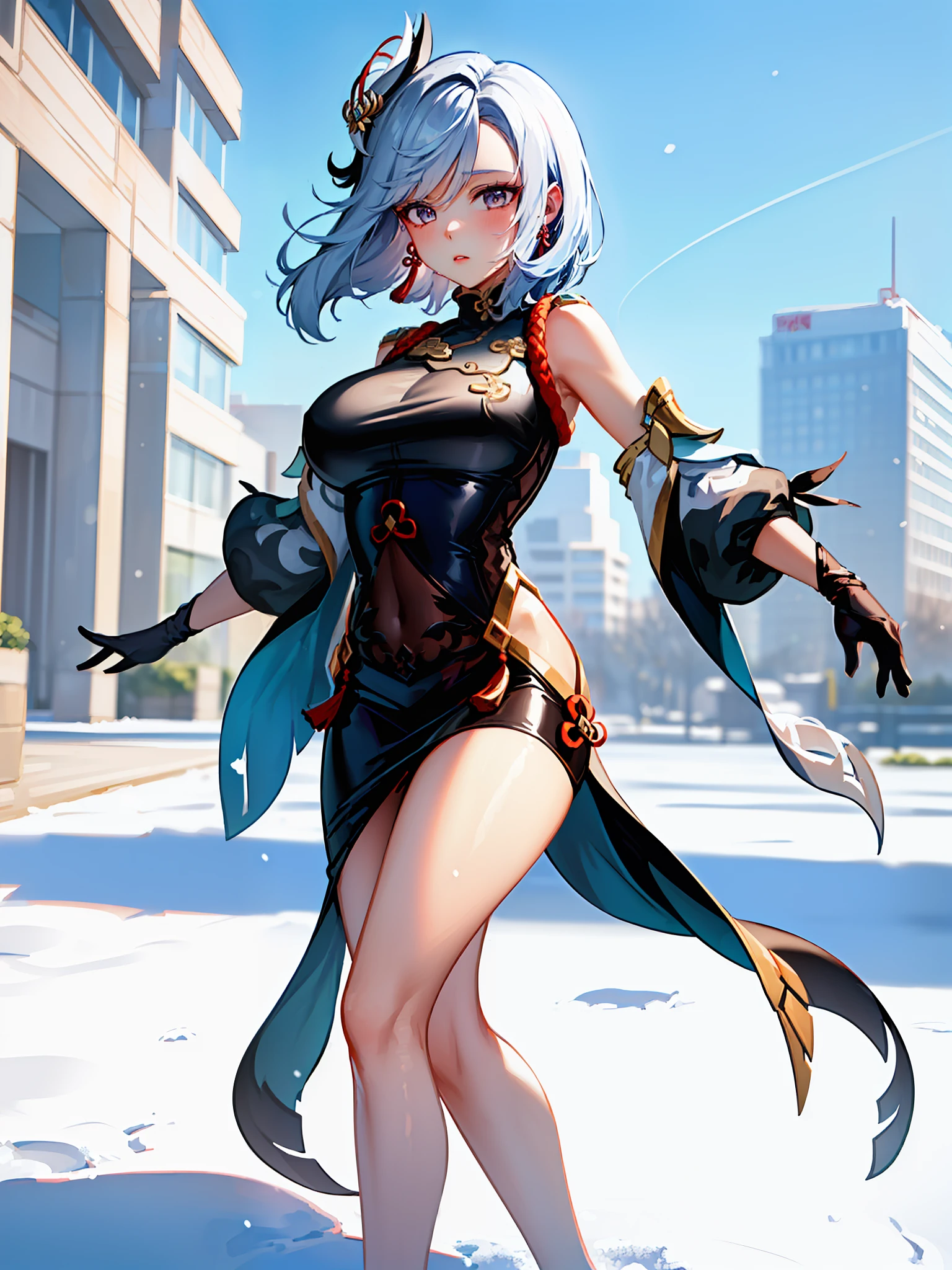 masterpiece, best quality, shenhe \(genshin impact\), 1girl, solo, earrings, jewelry, contemporary, casual, sweater, tassel, ban, snowflake, (athletic body:1.2), (large breasts), (main outfit, main dress:1.0), snow element bending