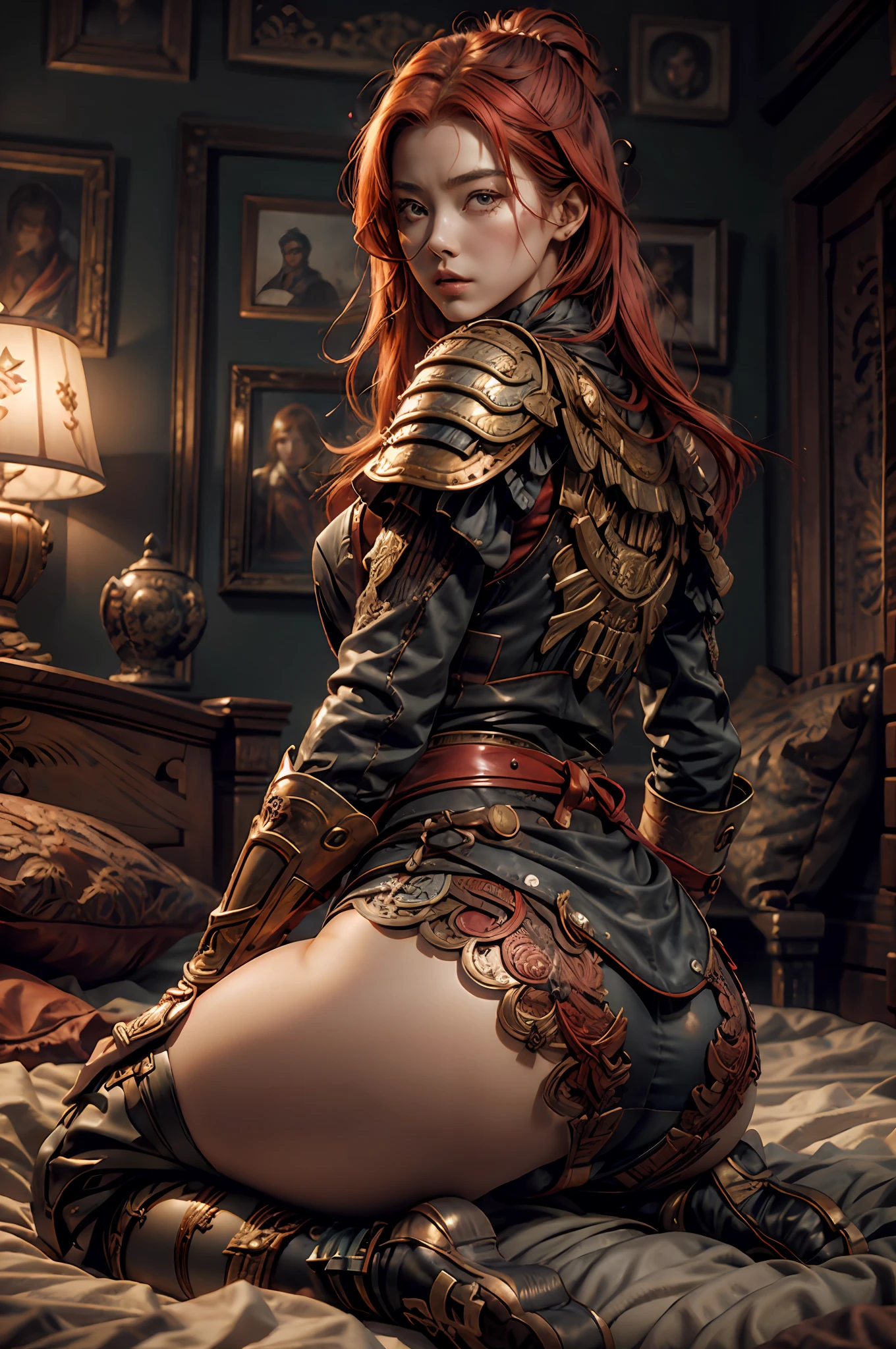beautiful woman with red hair,big ass, sitting on the bed, sexy, realistic, perfect quality, realistic face, realistic eyes,vision behind the ass, black panties
